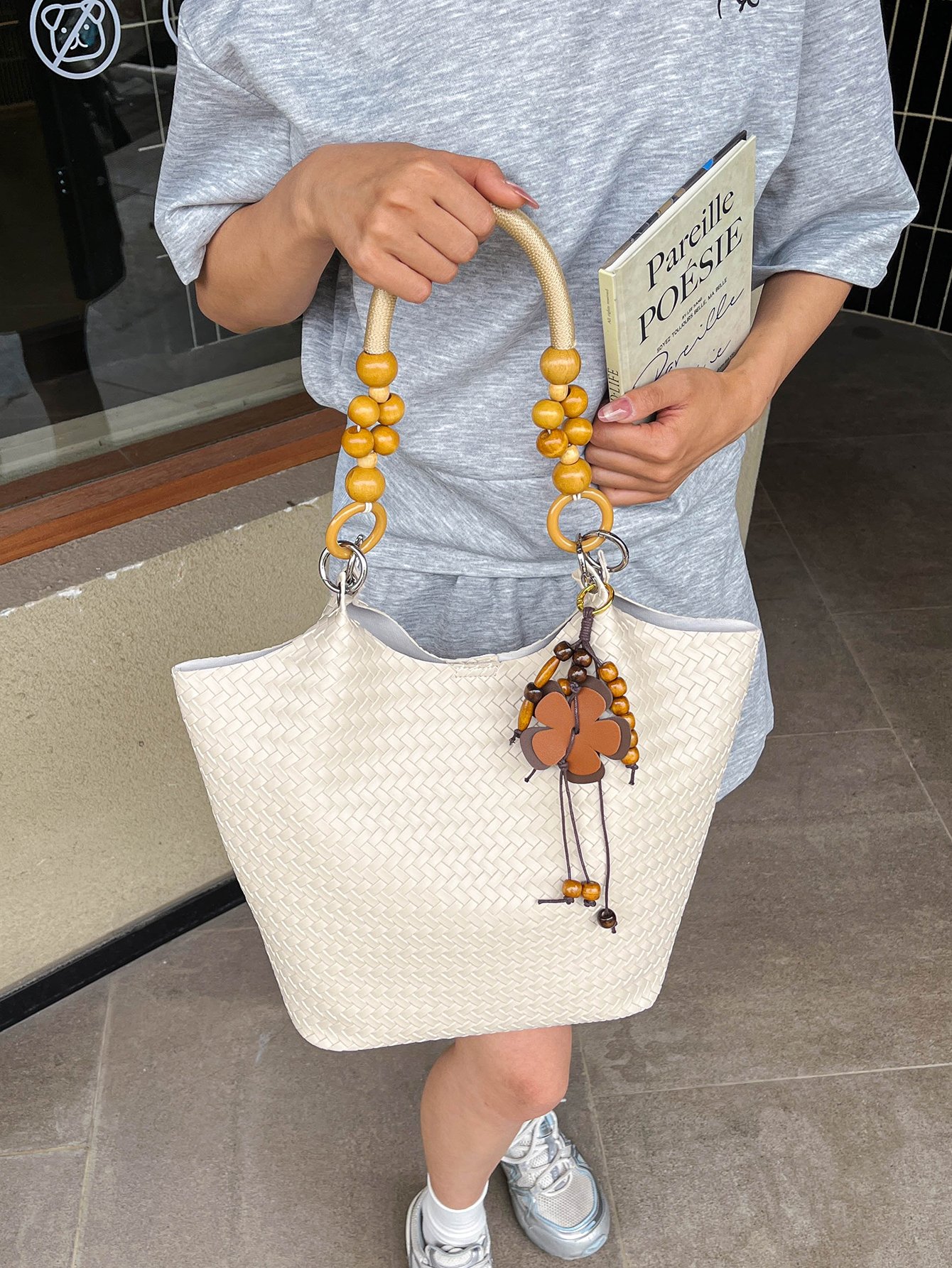 Beige Woven Tote Bag with Wooden Bead Handle