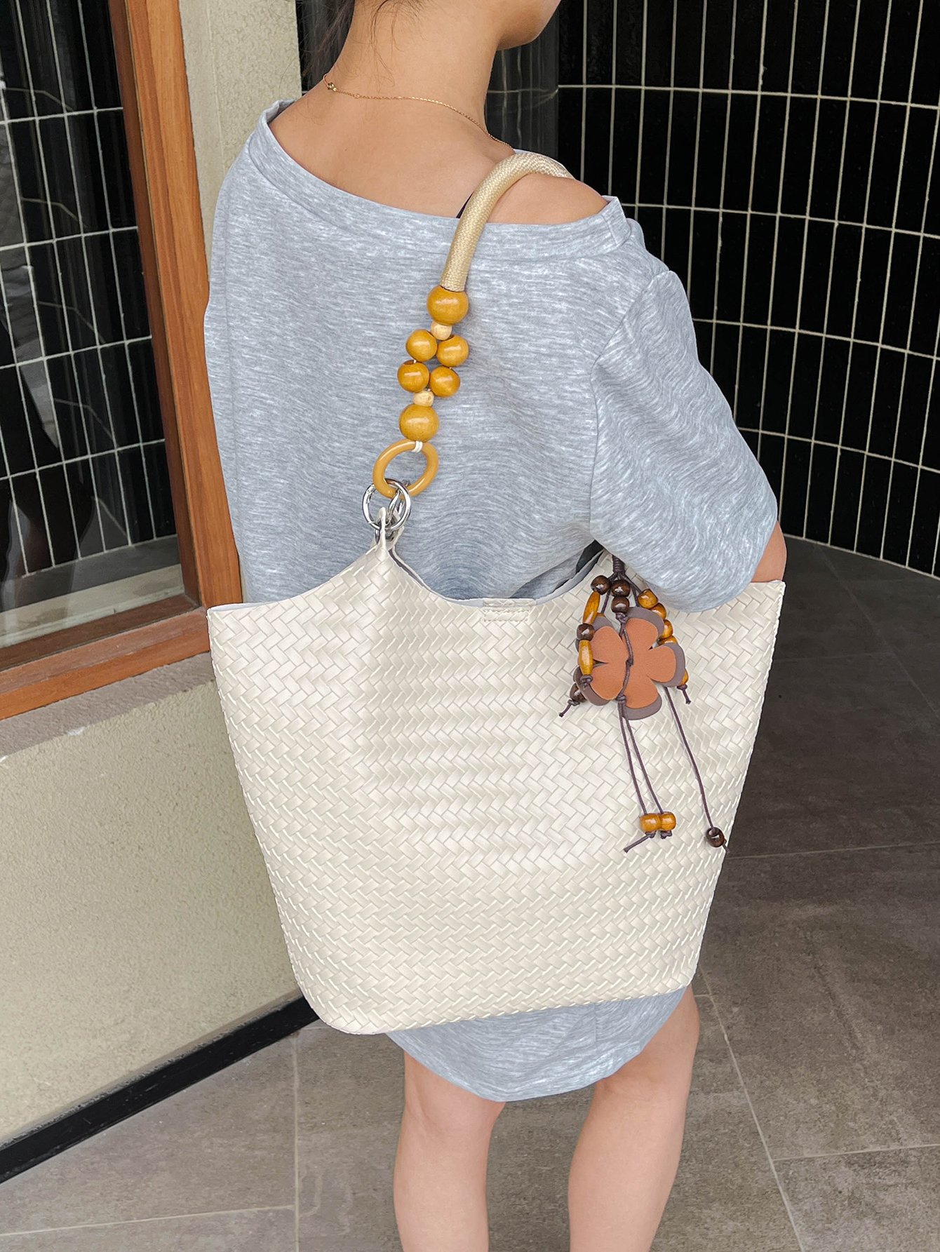 Beige Woven Tote Bag with Wooden Bead Handle