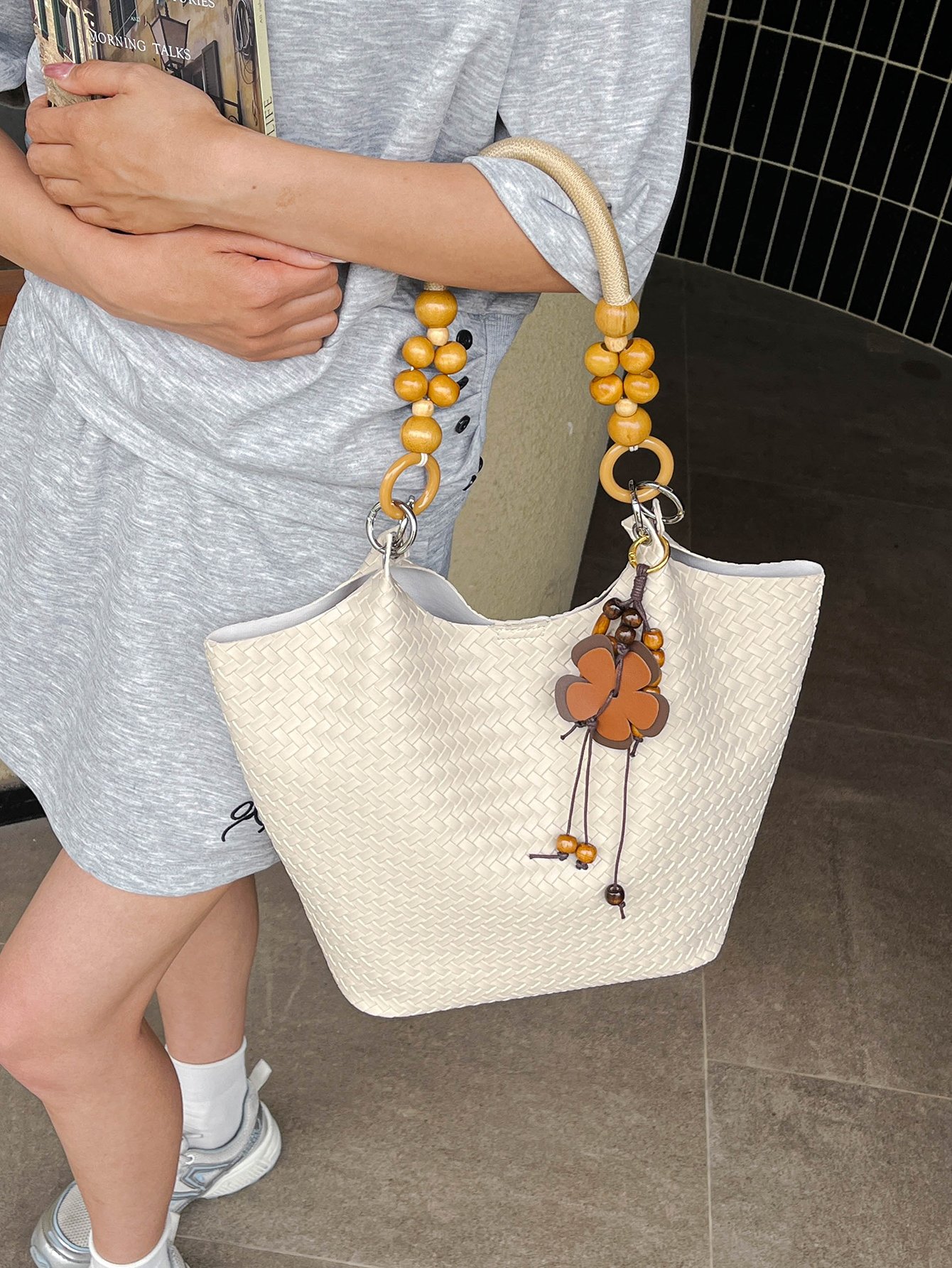 Beige Woven Tote Bag with Wooden Bead Handle