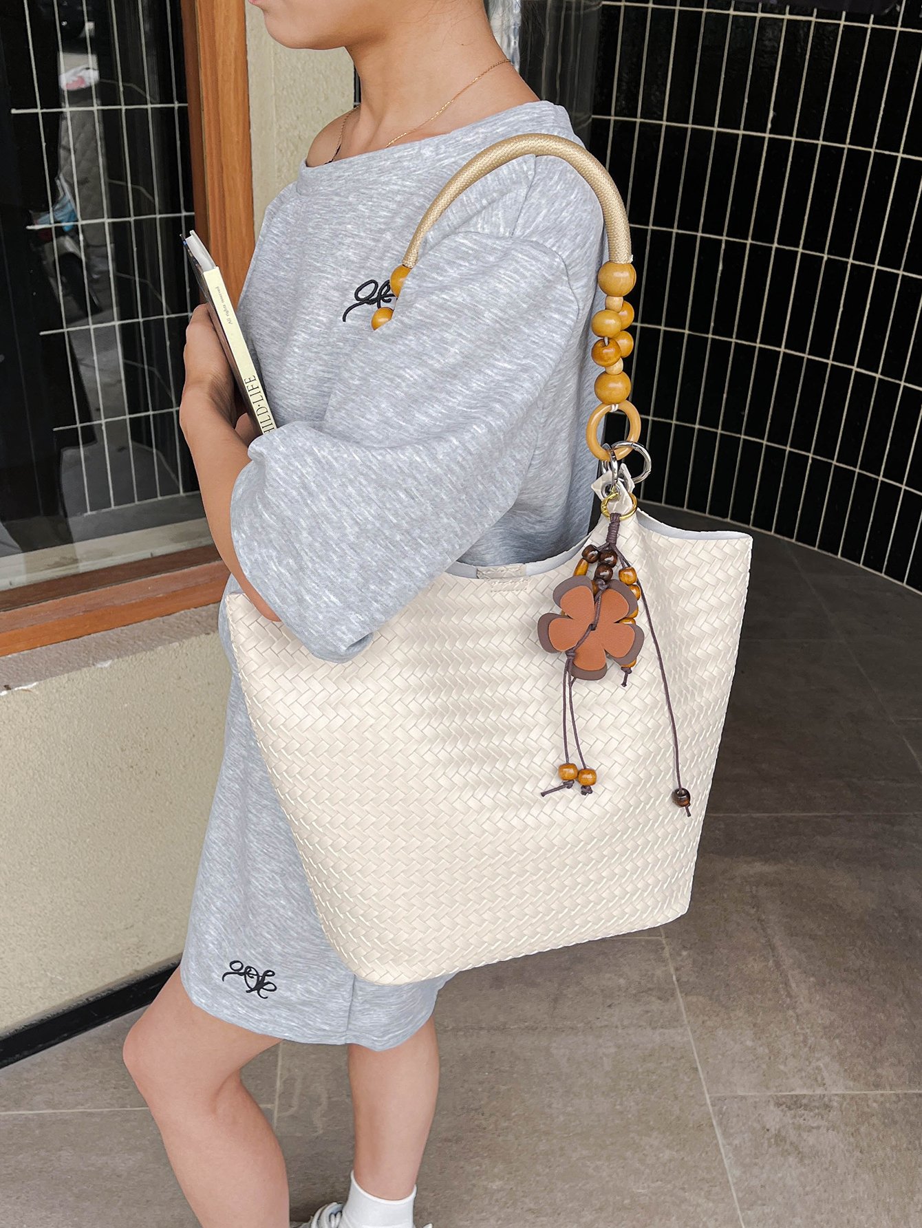 Beige Woven Tote Bag with Wooden Bead Handle