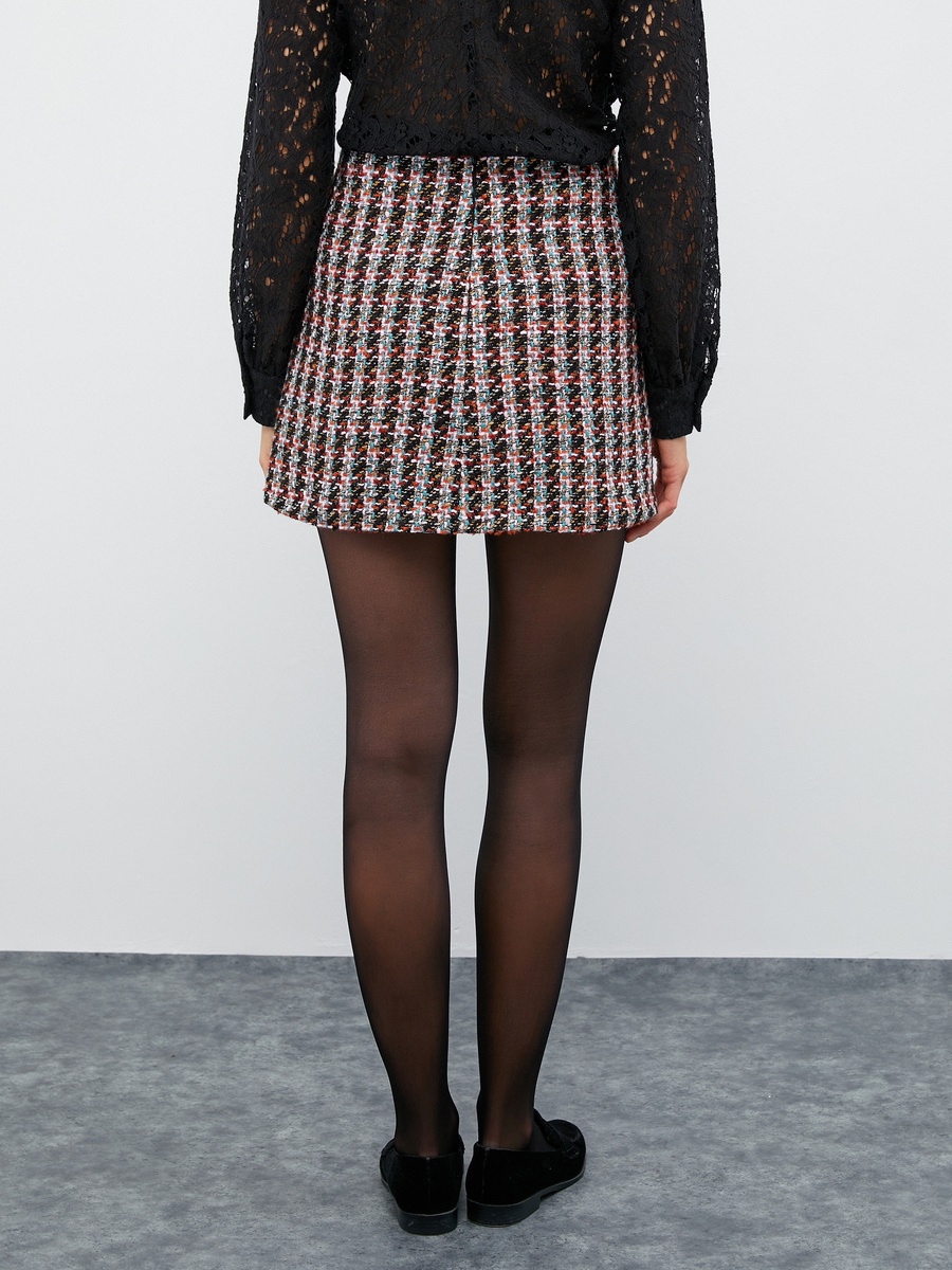 Mid Rise Zipper Detail Tweed Mini Skirt