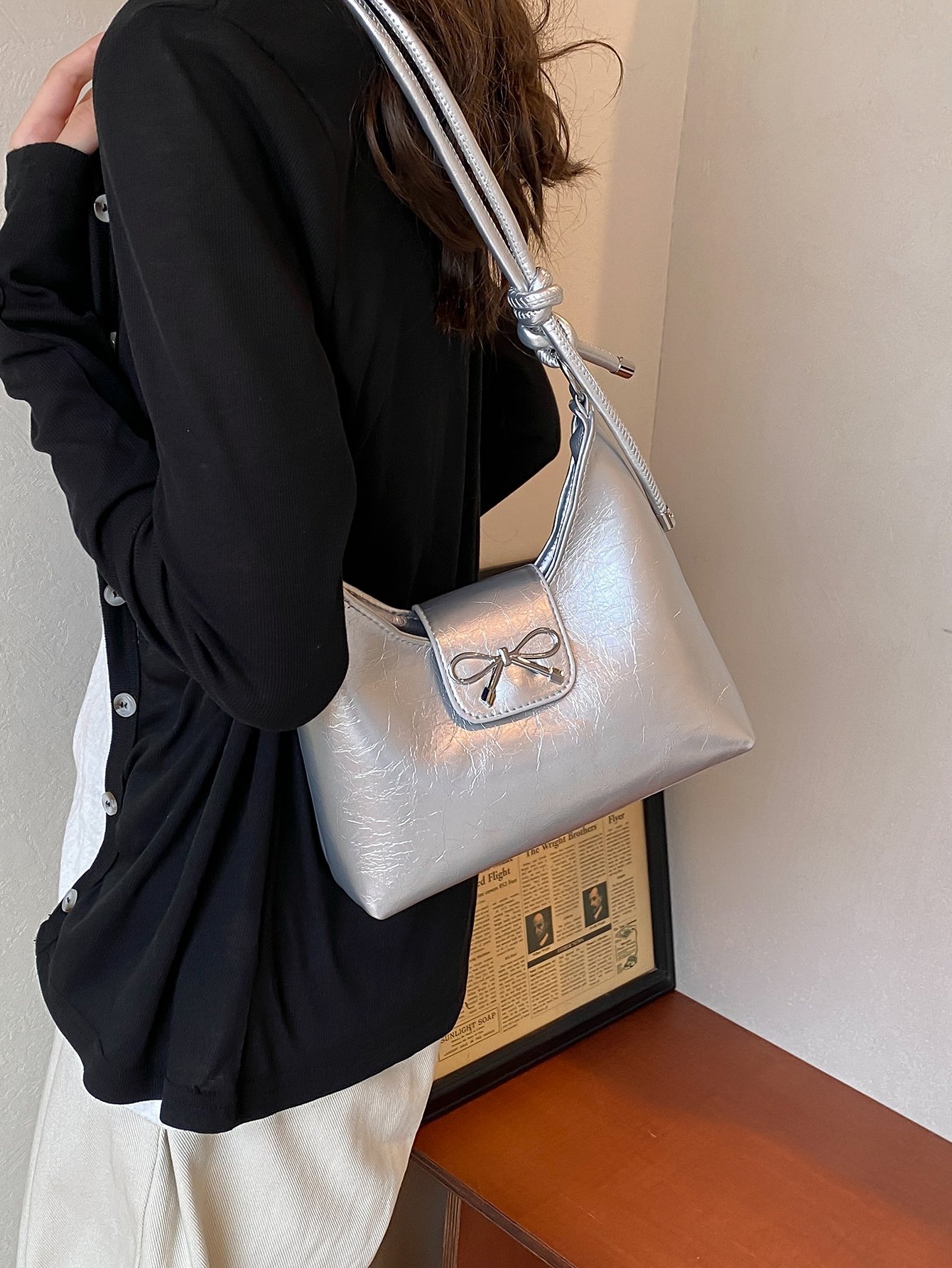 Silver Bow Accent Crossbody Bag