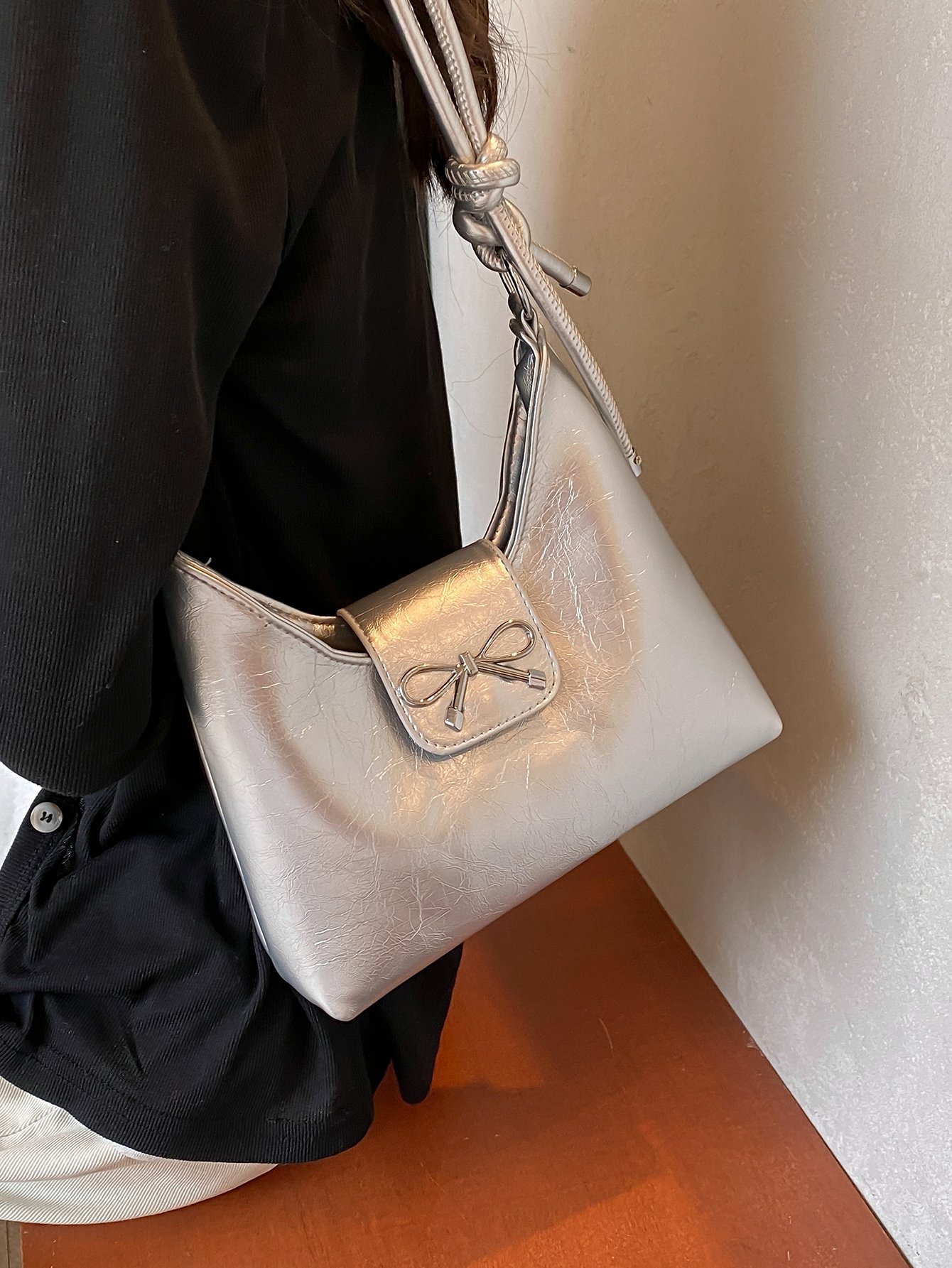Silver Bow Accent Crossbody Bag