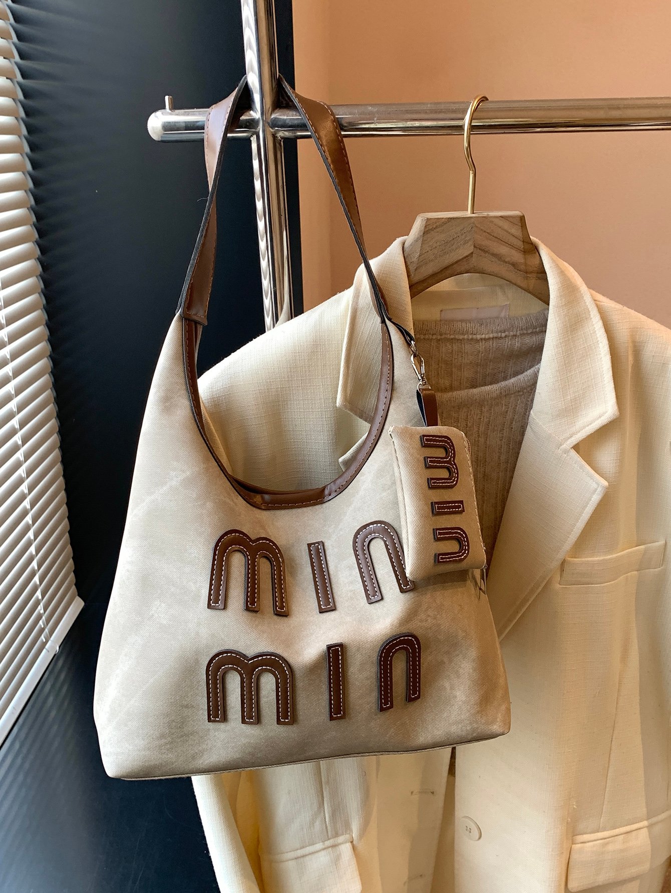 Beige Shoulder Bag with Applique