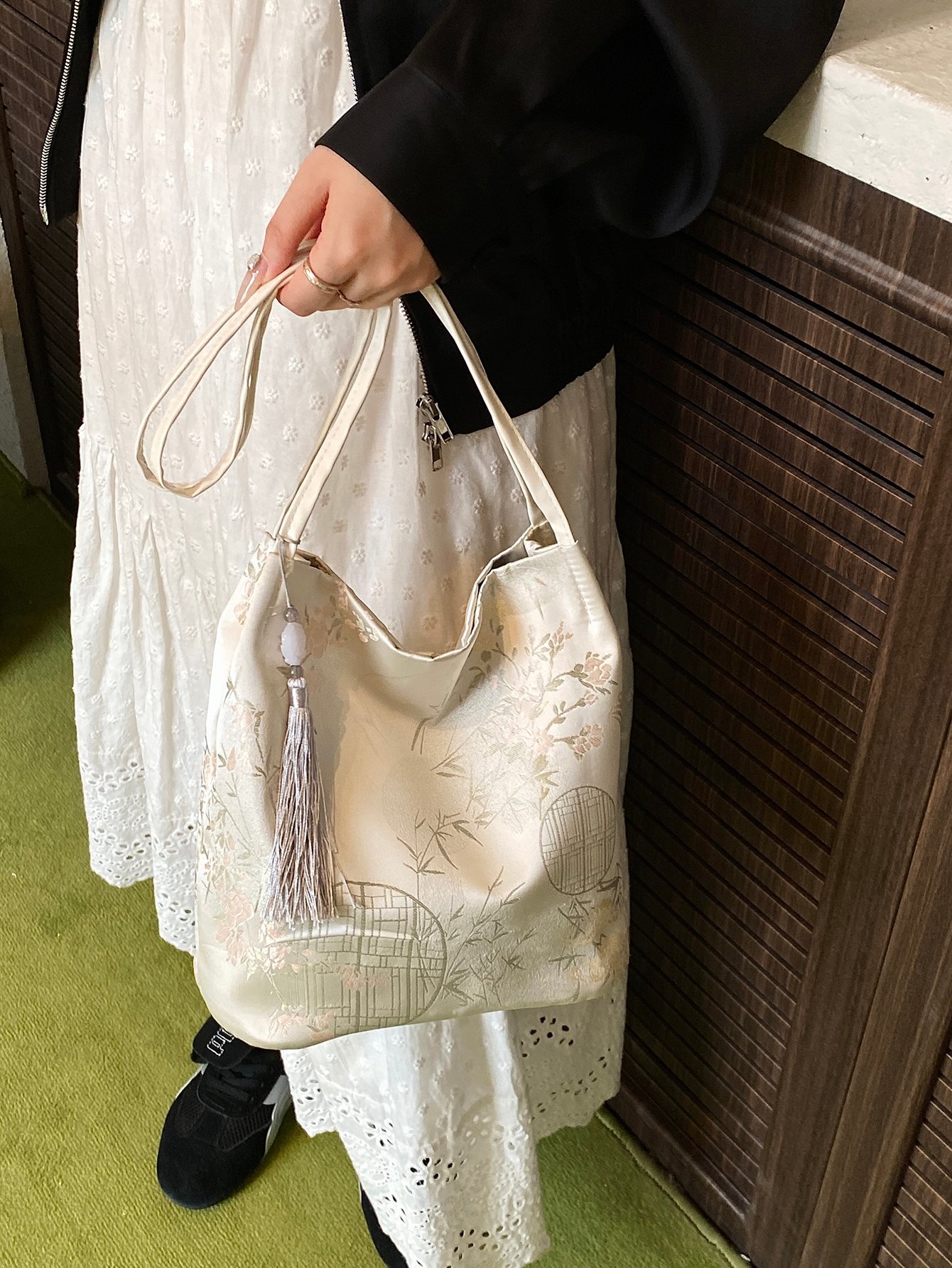 White Shoulder Bag with Tassel Charm