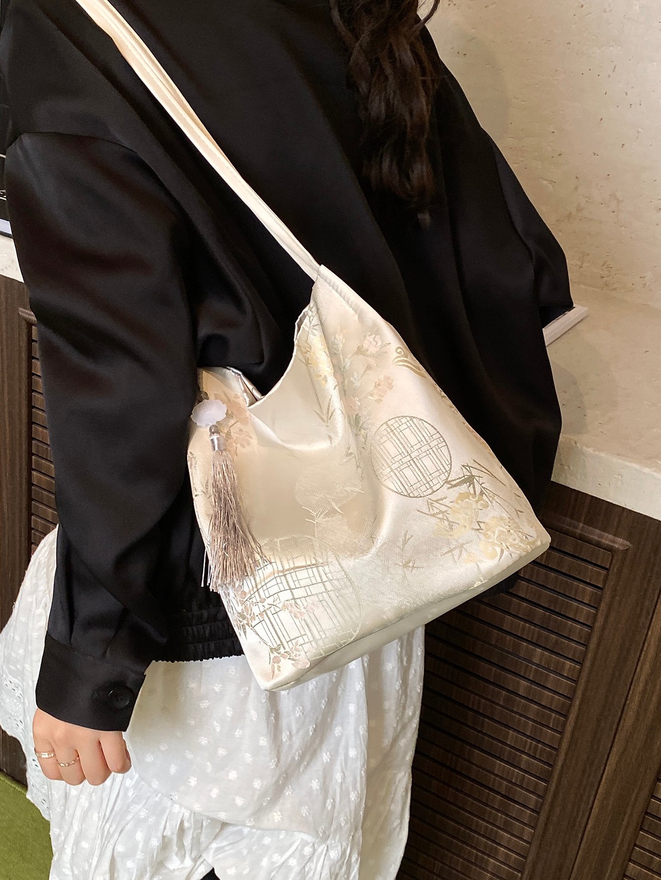 White Shoulder Bag with Tassel Charm