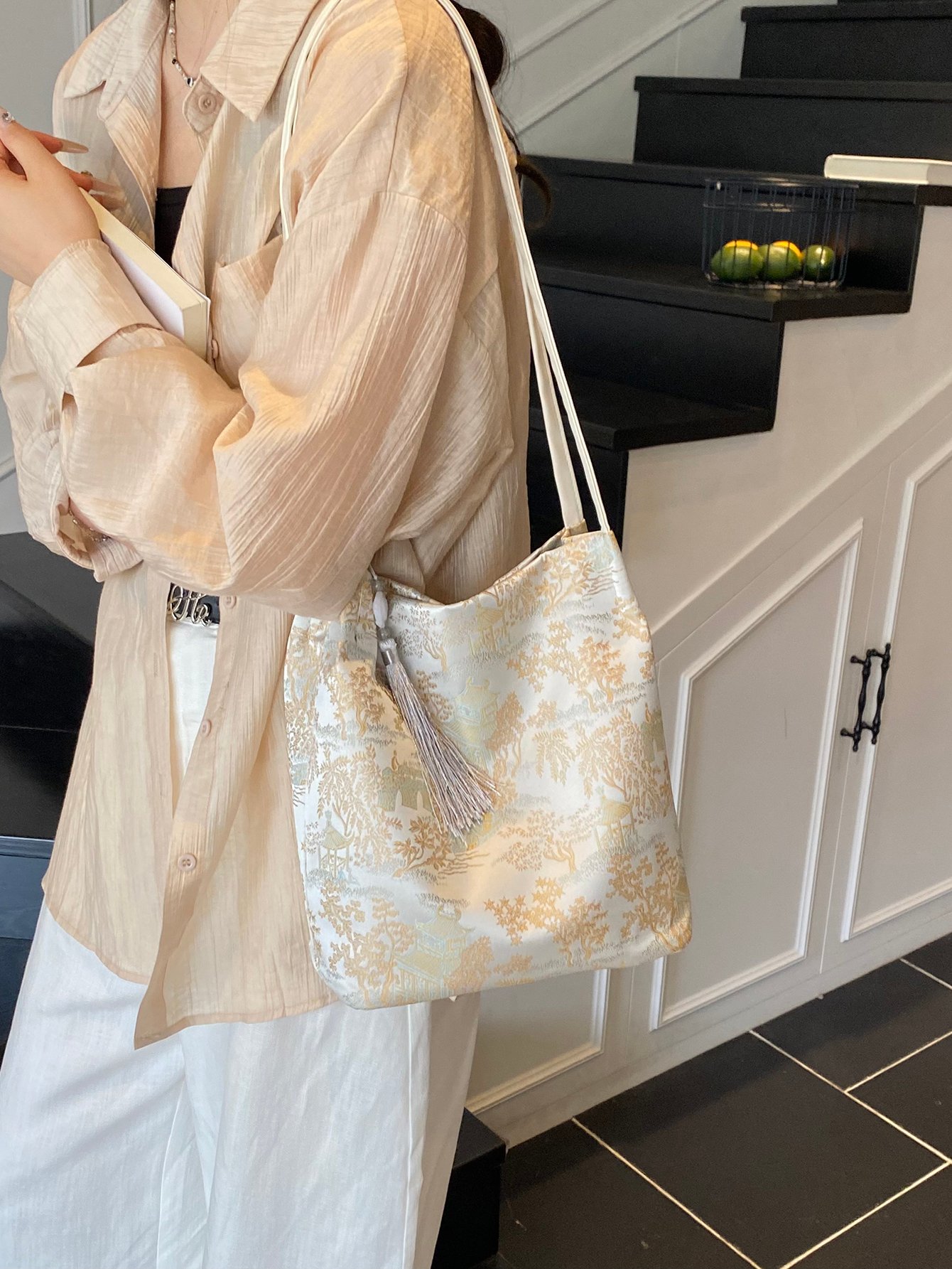 Silver Toile Shoulder Bag with Tassel Detail