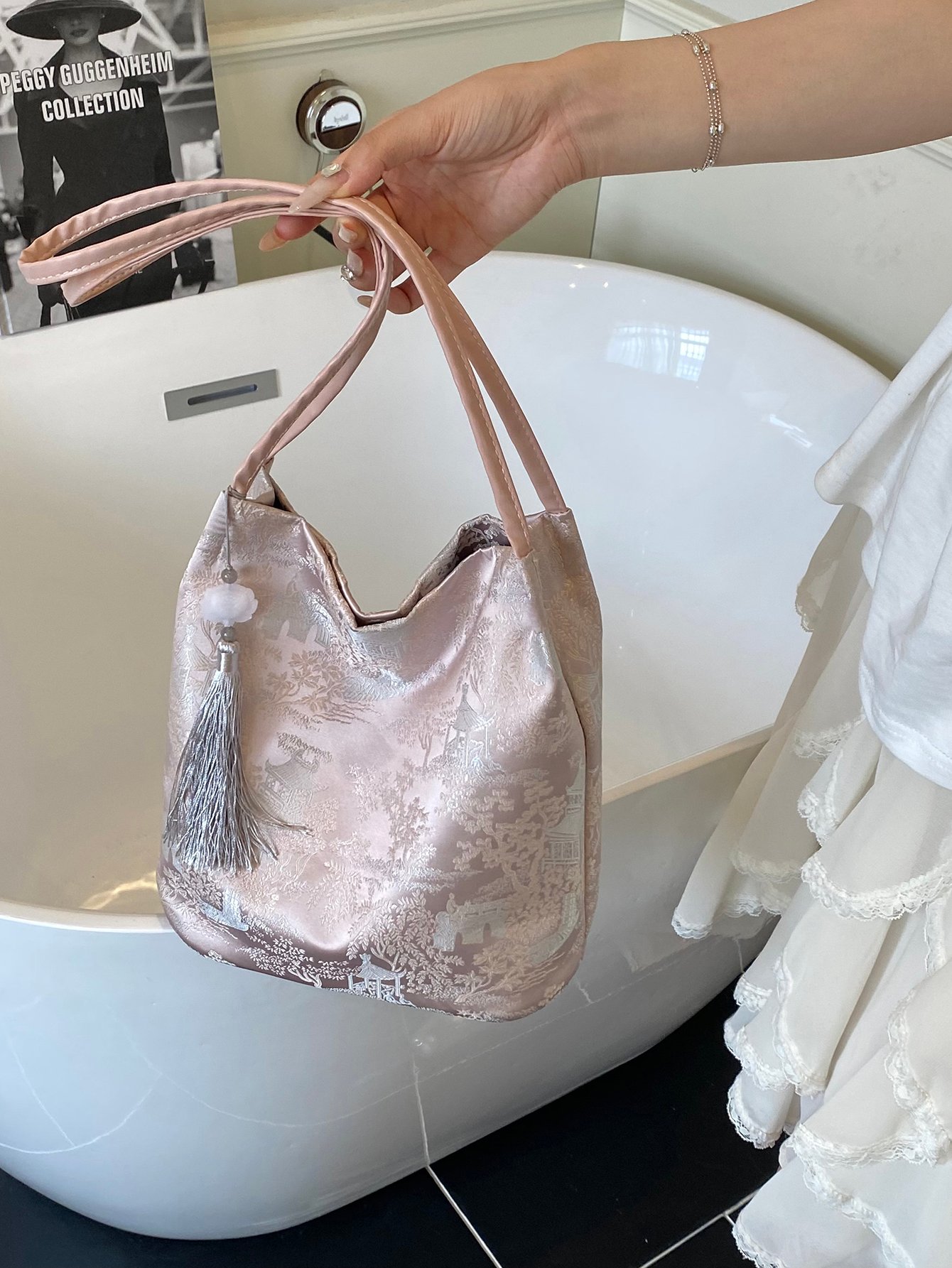Pink Jacquard Shoulder Bag with Tassel