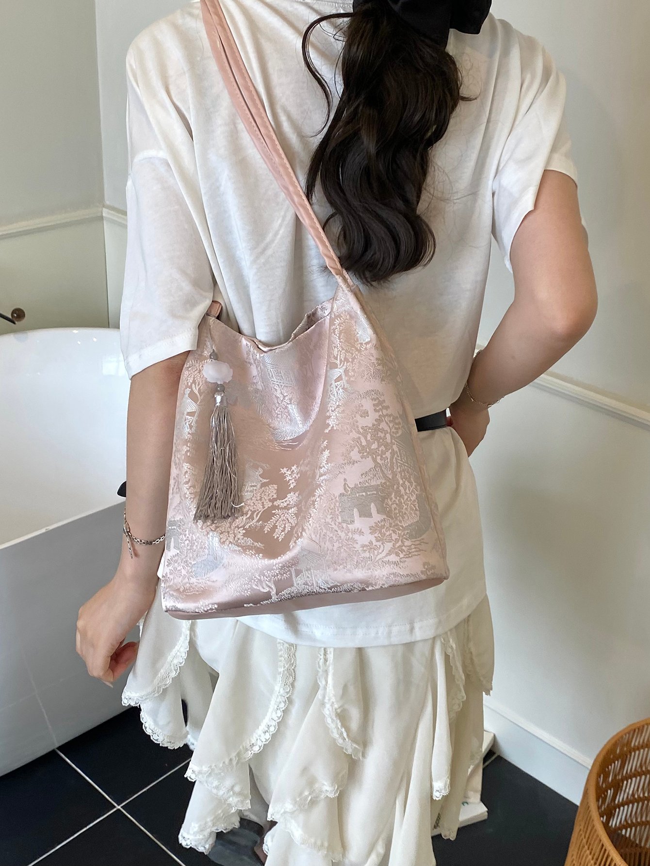 Pink Jacquard Shoulder Bag with Tassel