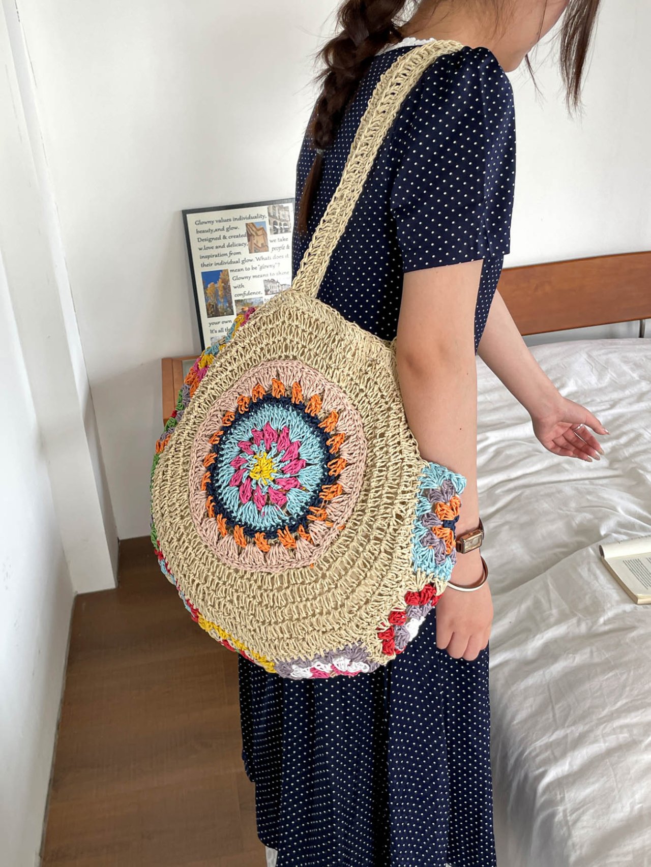 Off-White Woven Straw Shoulder Bag with Colorful Crochet Design