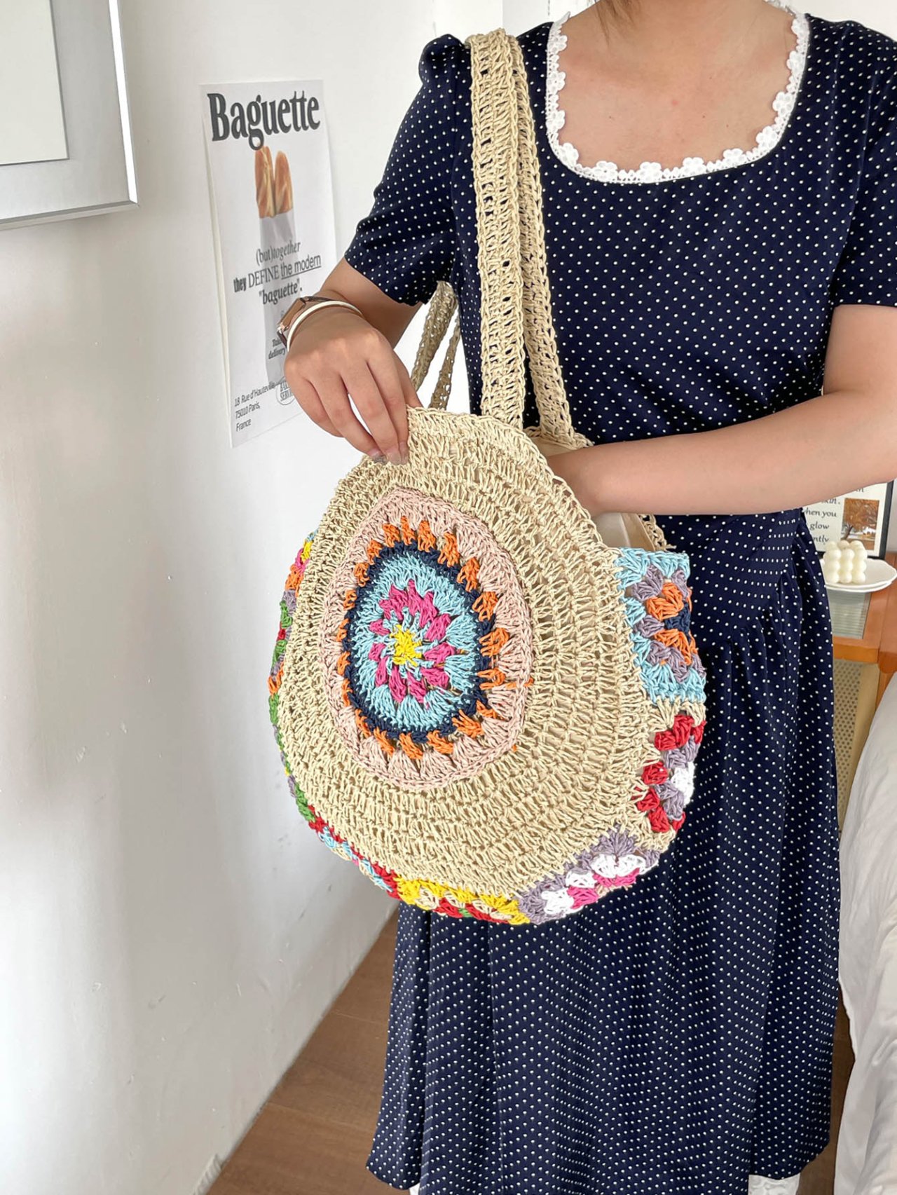 Off-White Woven Straw Shoulder Bag with Colorful Crochet Design