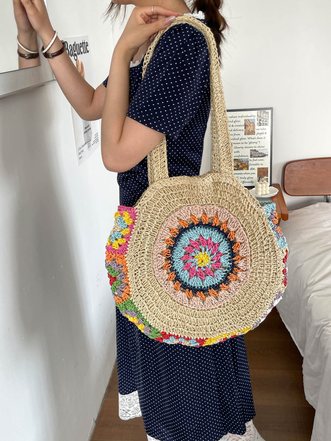 Off-White Woven Straw Shoulder Bag with Colorful Crochet Design