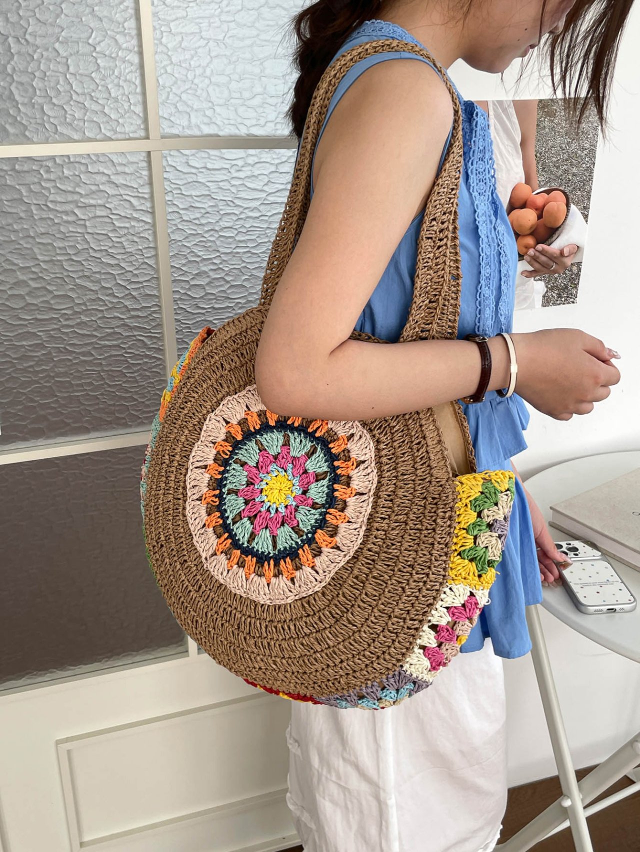 Brown Woven Crochet Mandala Shoulder Bag