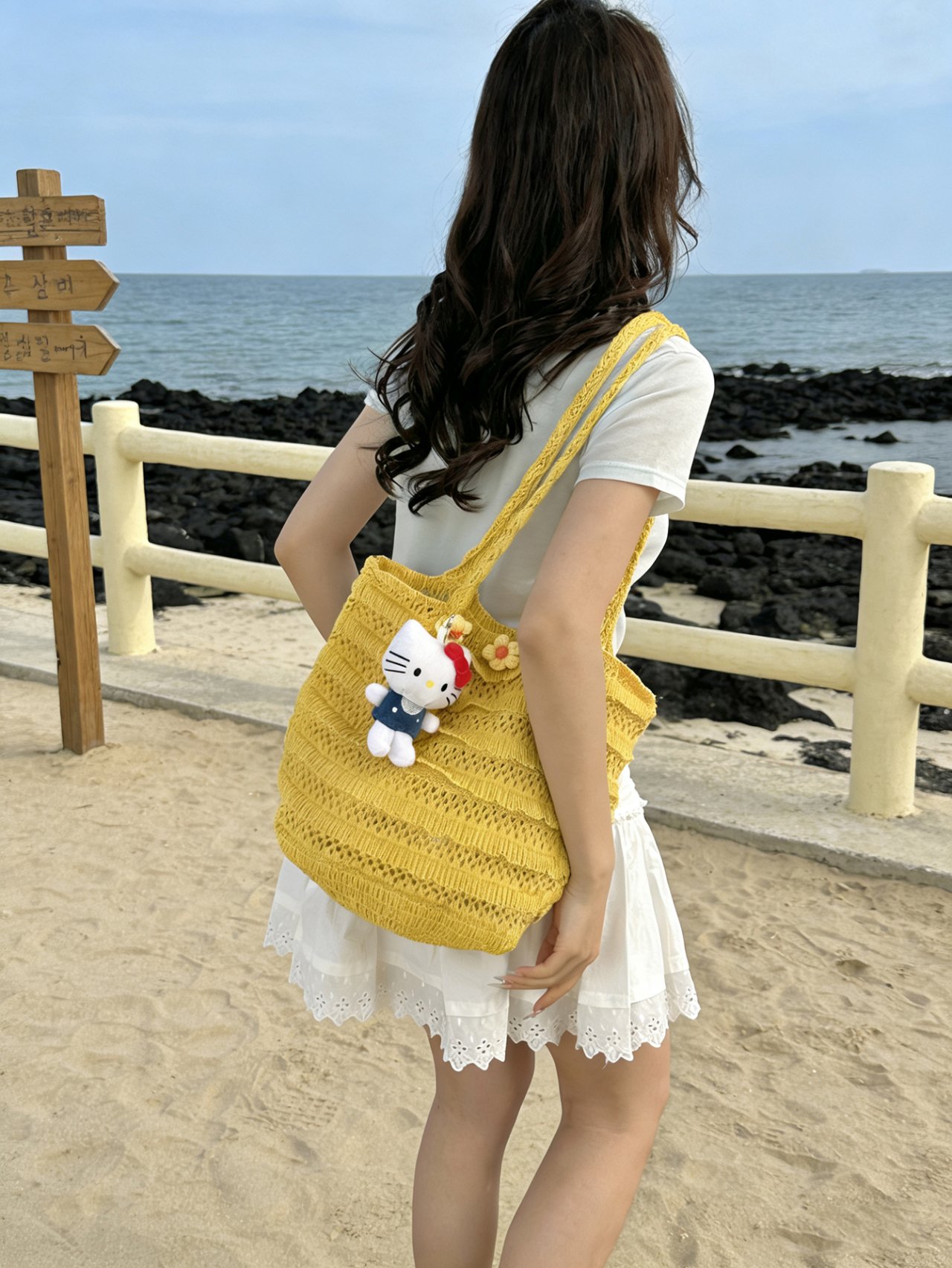 Yellow Crochet Knit Tote Bag with Handle