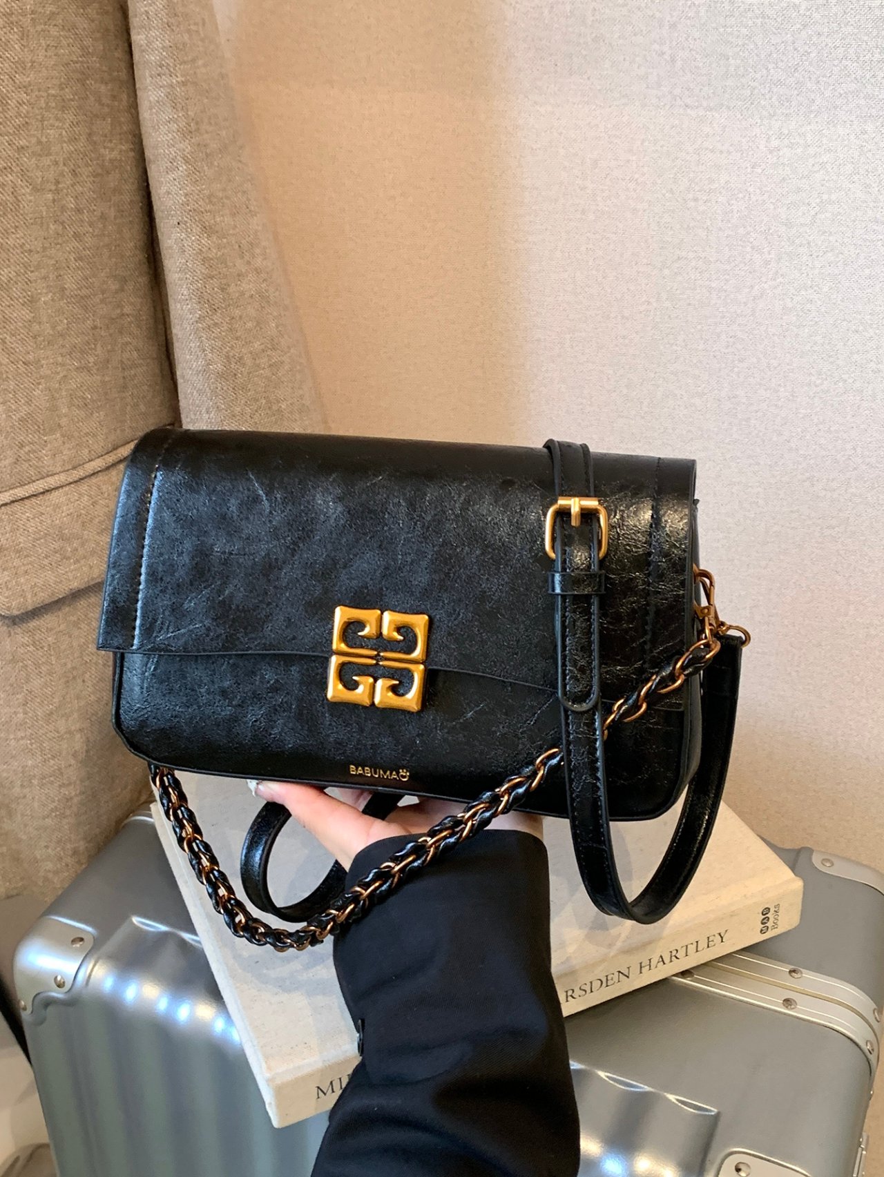 Black Crossbody Bag with Gold Hardware