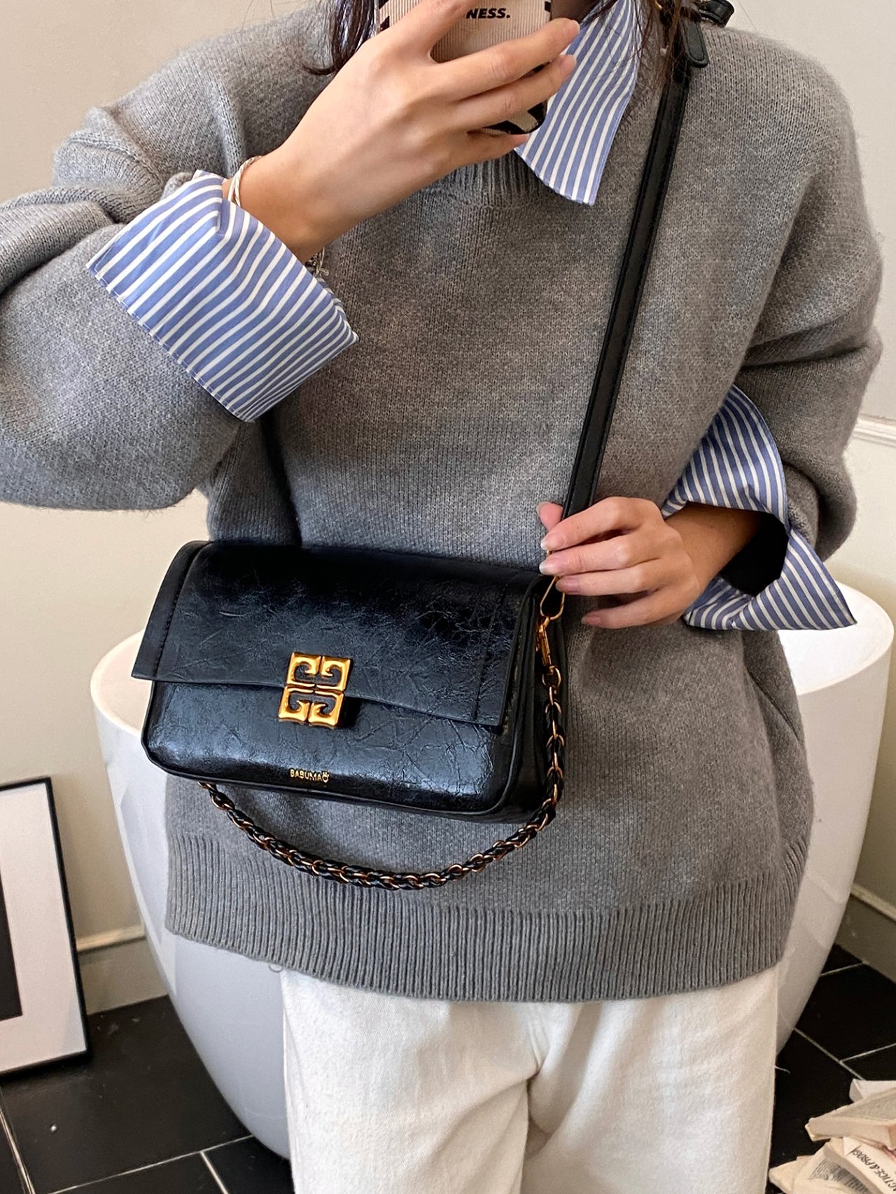 Black Crossbody Bag with Gold Hardware