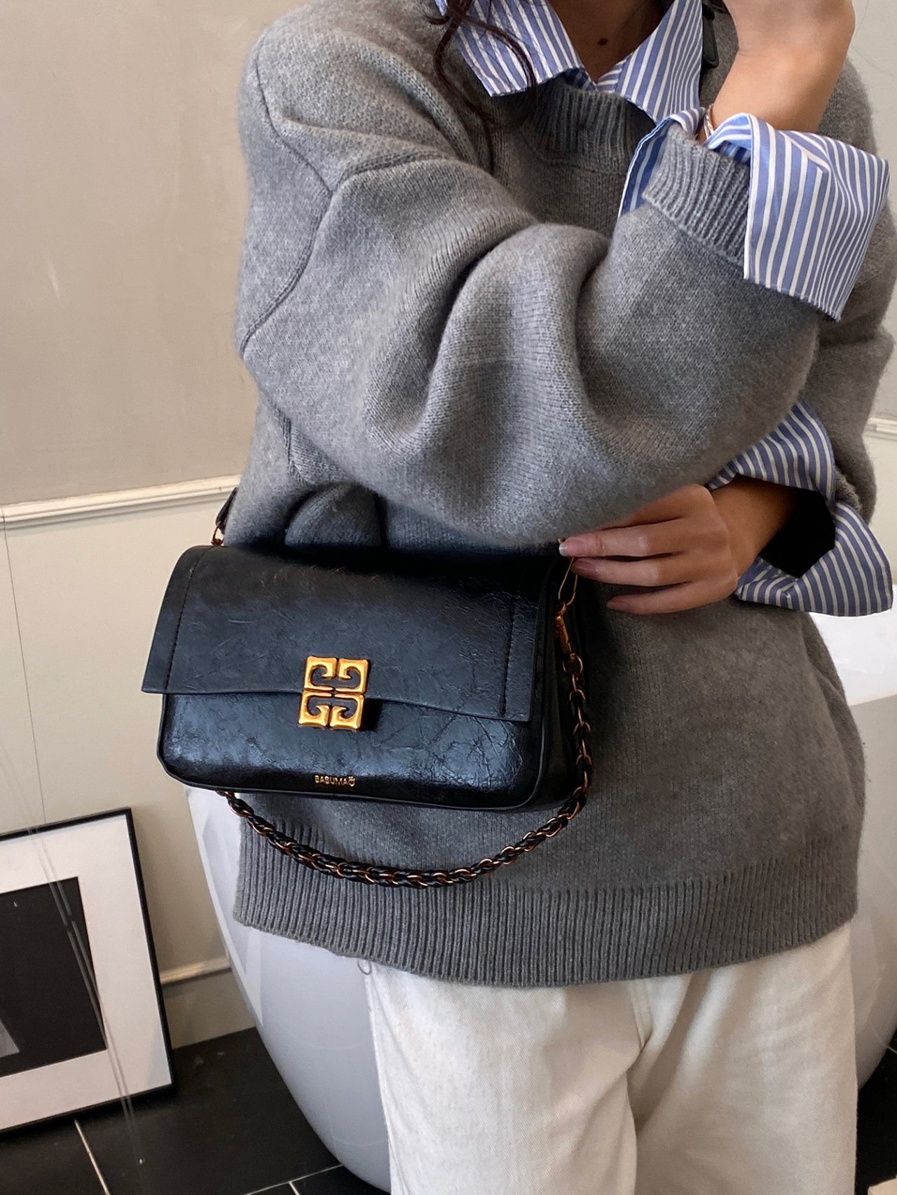 Black Crossbody Bag with Gold Hardware