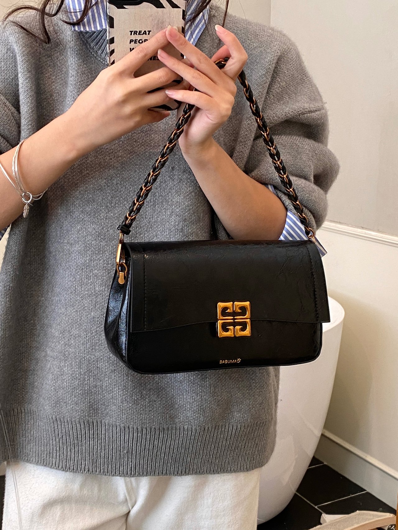 Black Crossbody Bag with Gold Hardware