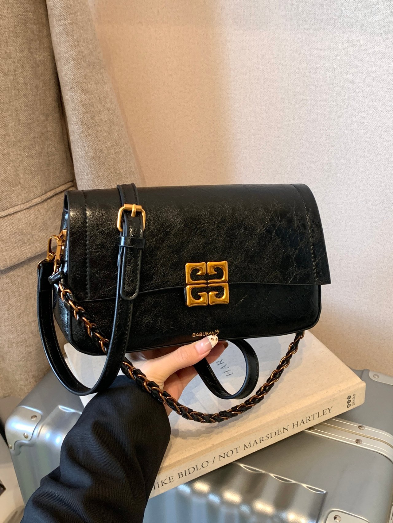 Black Crossbody Bag with Gold Hardware