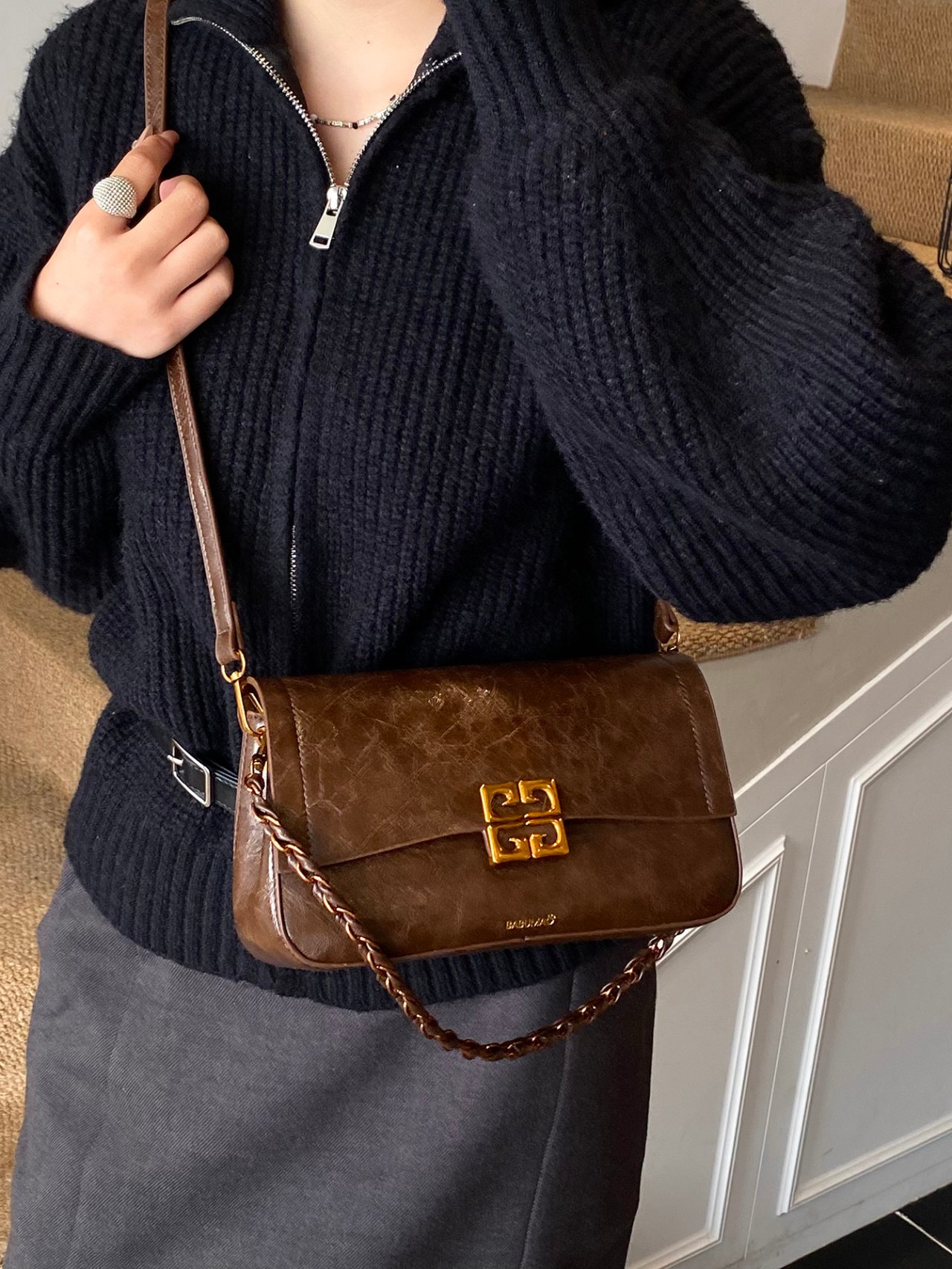 Coffee Brown Plain Crossbody Bag