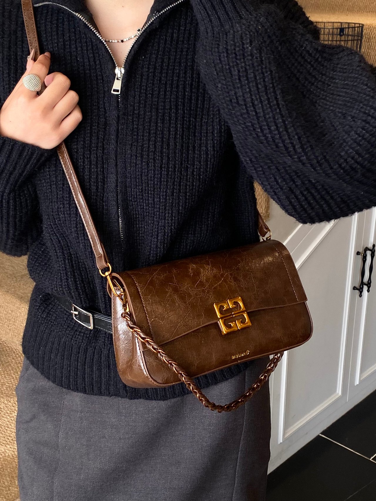 Coffee Brown Plain Crossbody Bag