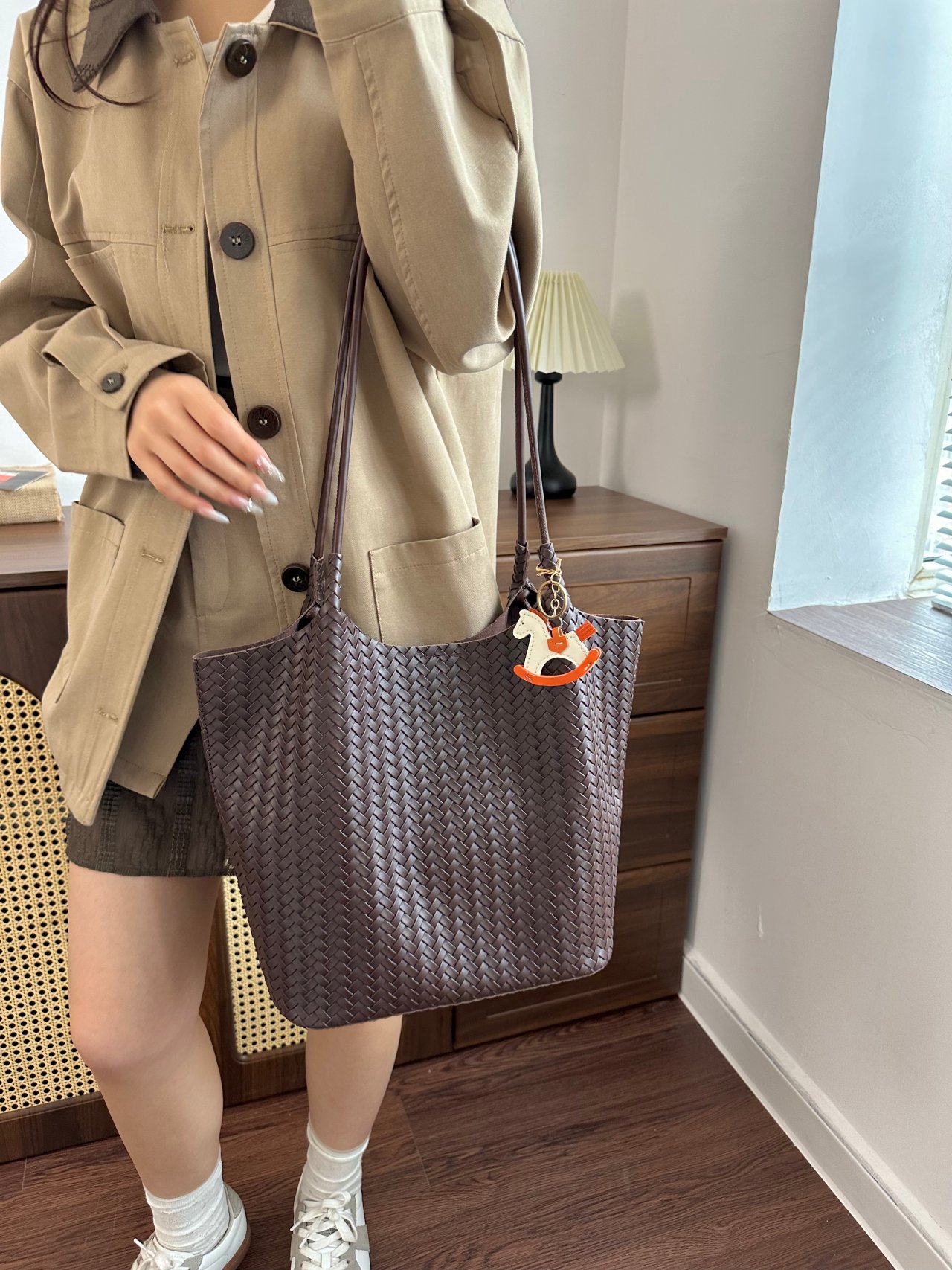 Coffee Brown Woven Shoulder Bag with Keyring Detail