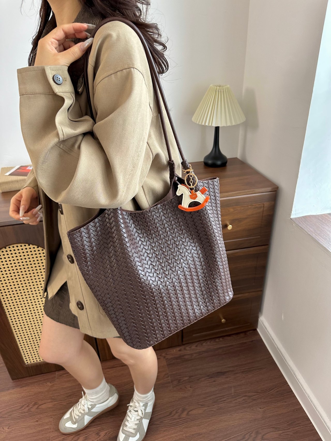 Coffee Brown Woven Shoulder Bag with Keyring Detail
