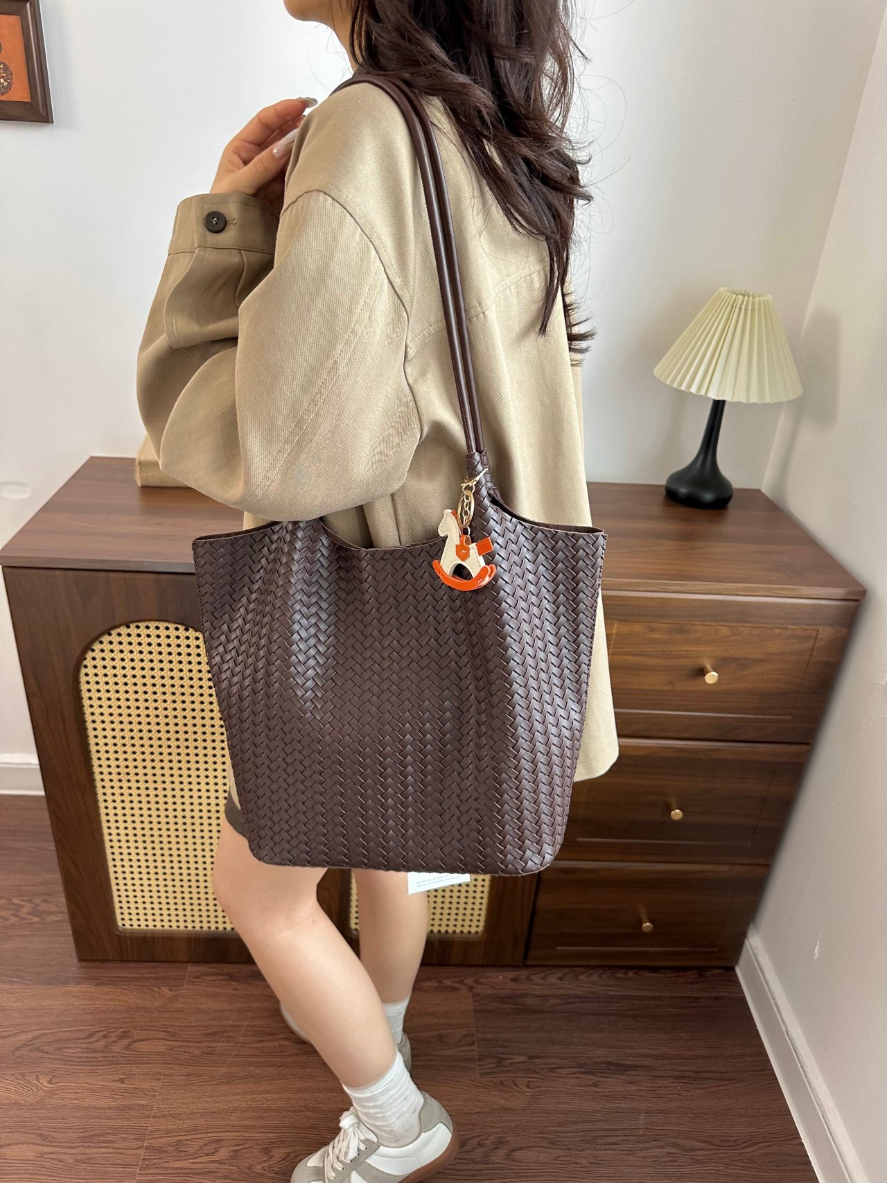 Coffee Brown Woven Shoulder Bag with Keyring Detail