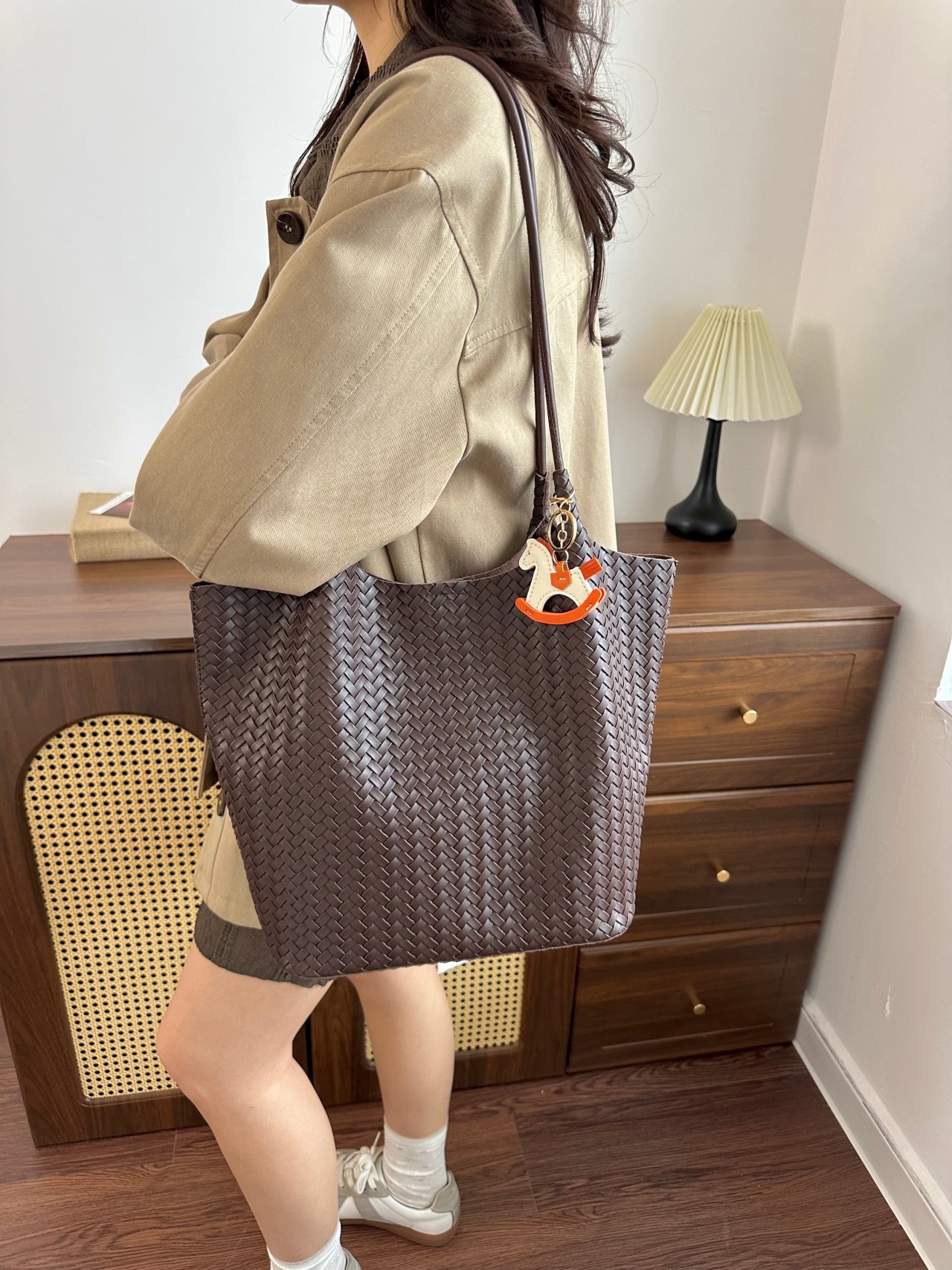 Coffee Brown Woven Shoulder Bag with Keyring Detail