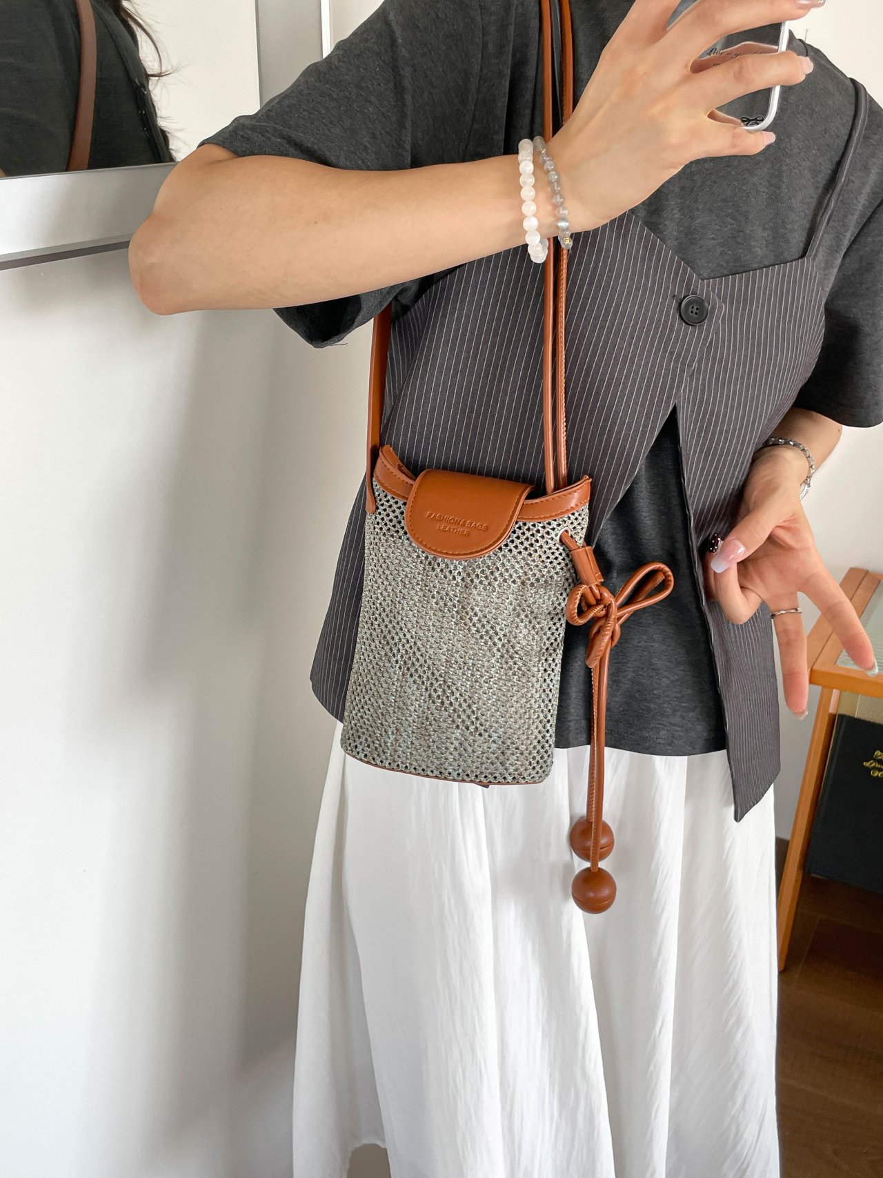 Grey Mesh Crossbody Bag