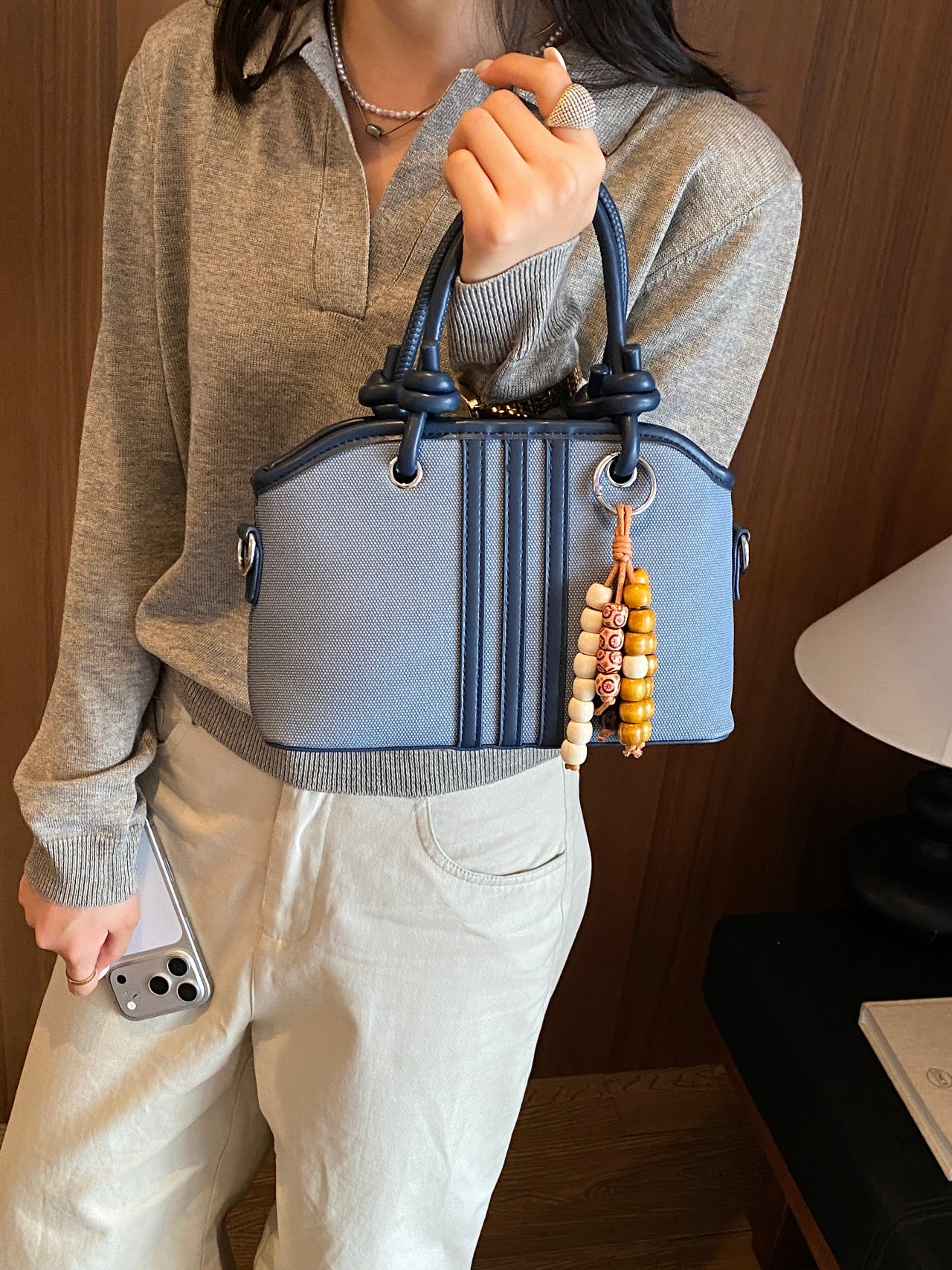 Grey Handbag with Shoulder Strap