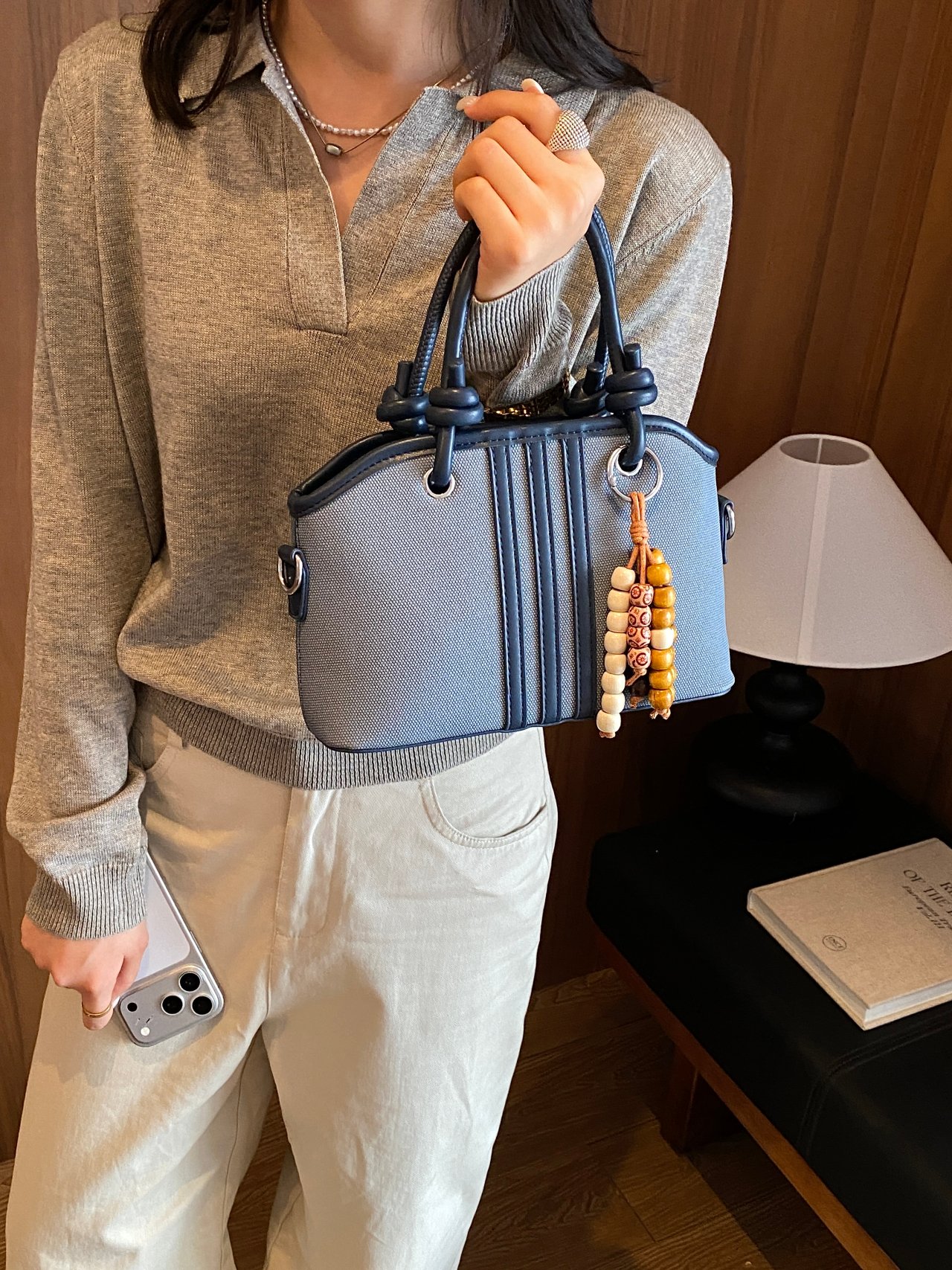 Grey Handbag with Shoulder Strap