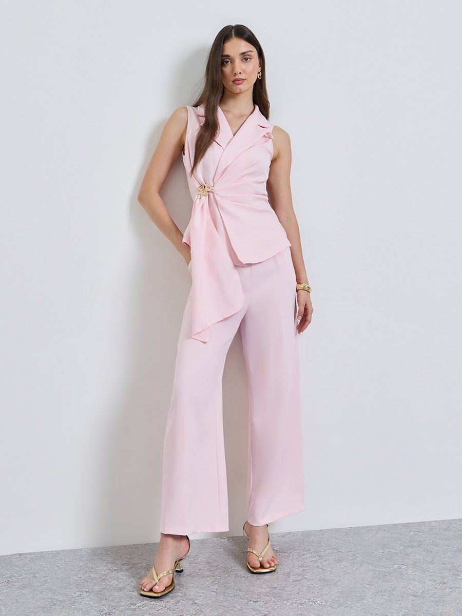 Pink Solid Wrap and Wide Leg Co-Ords