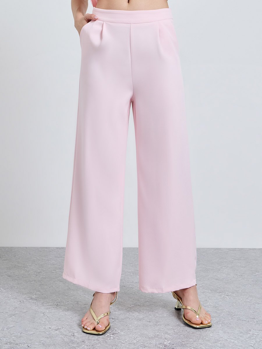 Pink Solid Wrap and Wide Leg Co-Ords