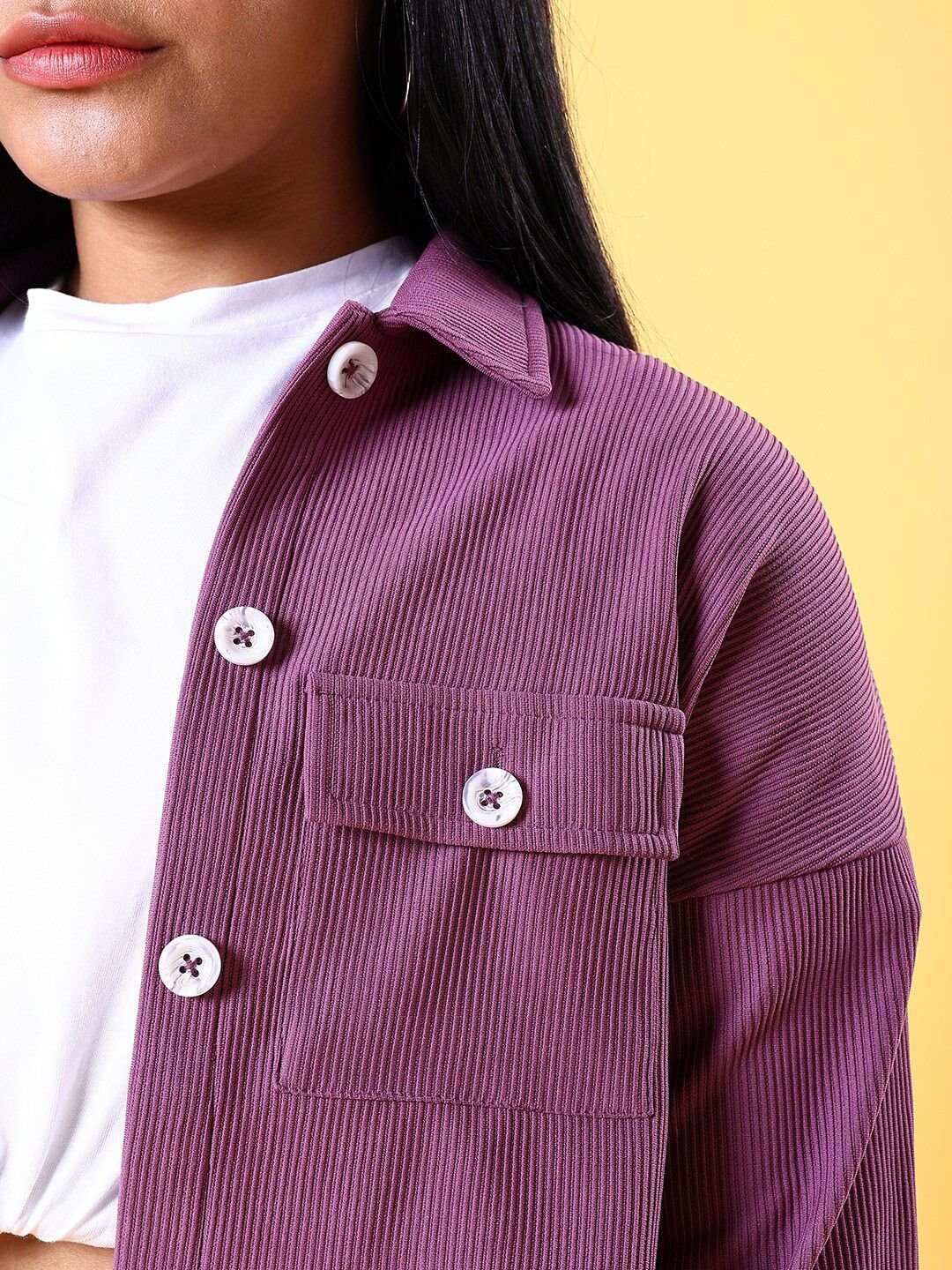 Purple Ribbed Long Sleeves Regular Shirt
