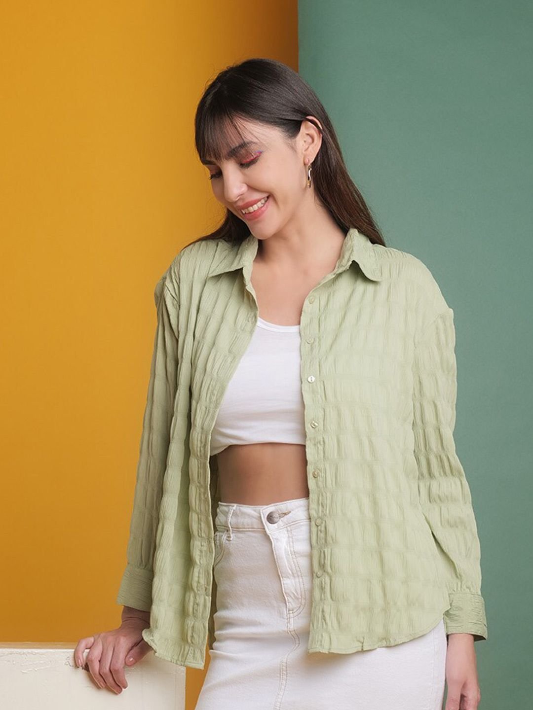 Green Solid Long Sleeves Regular Shirt