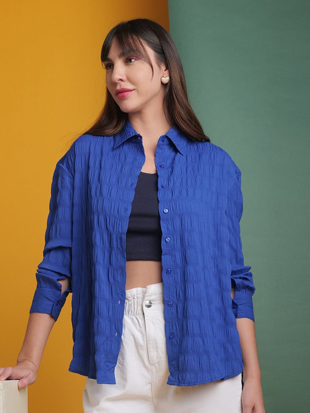 Blue Solid Long Sleeves Oversized Shirt