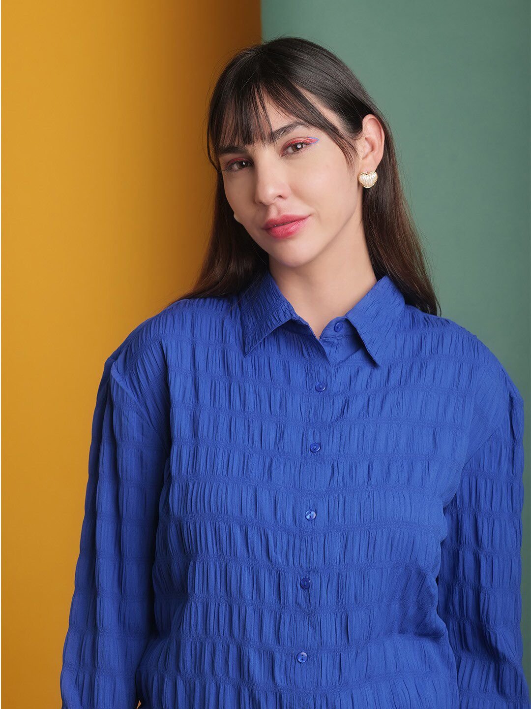 Blue Solid Long Sleeves Oversized Shirt