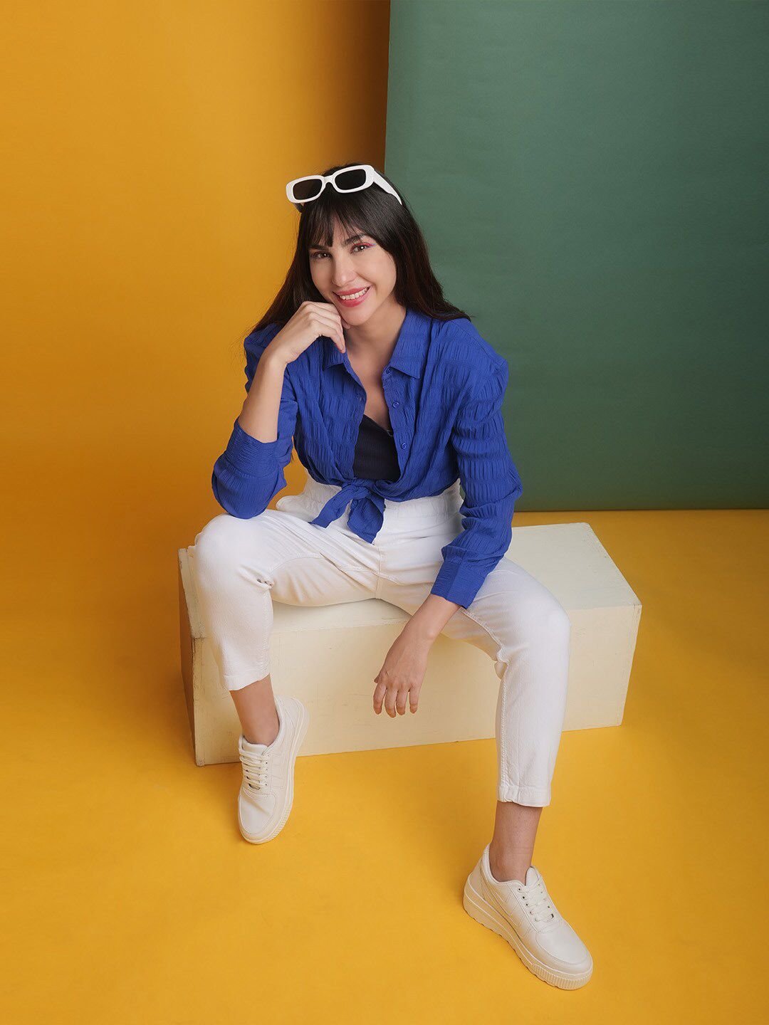 Blue Solid Long Sleeves Oversized Shirt