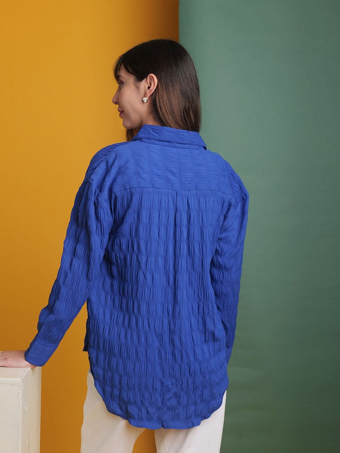 Blue Solid Long Sleeves Oversized Shirt