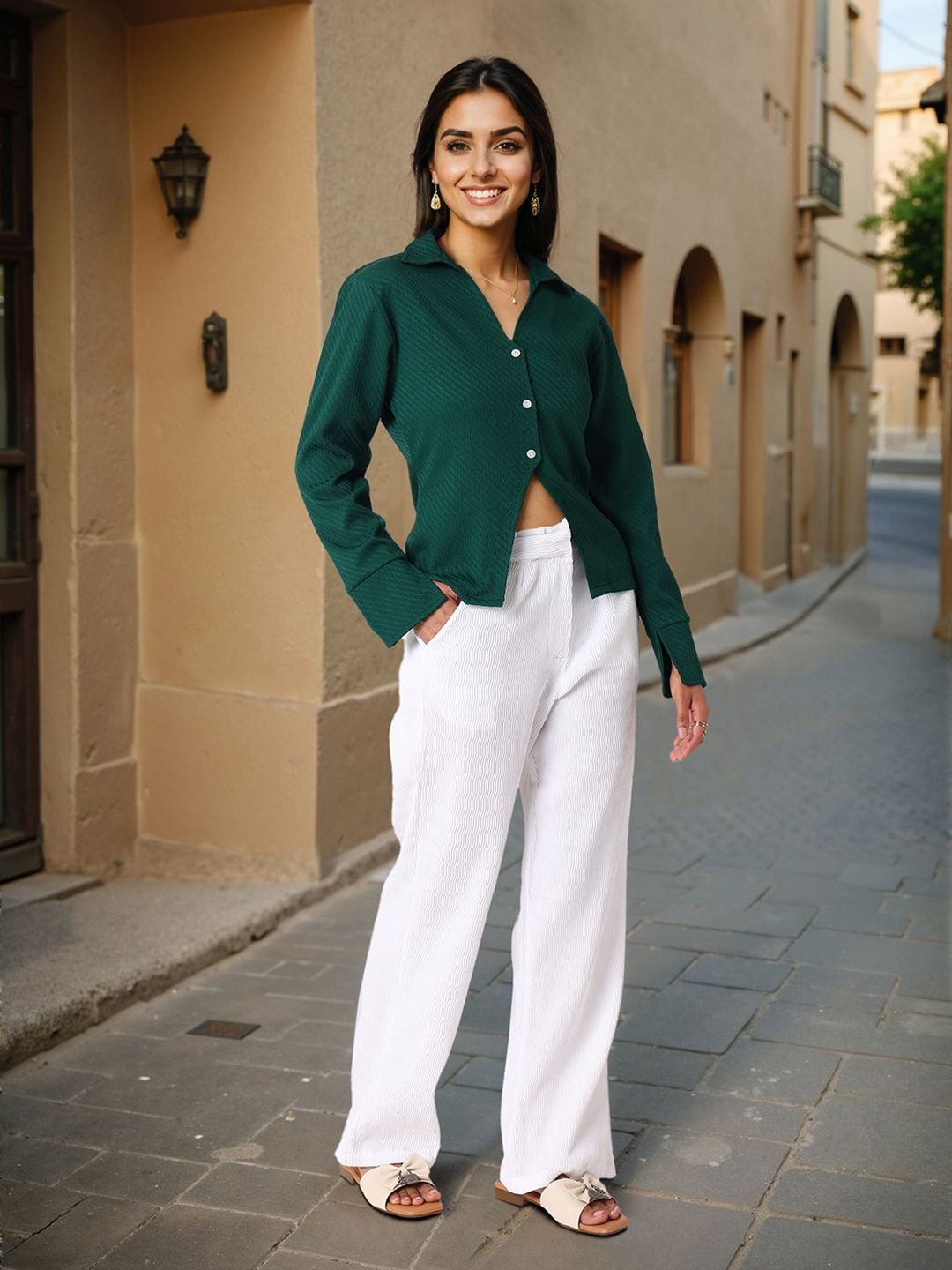 Green Solid Long Sleeves Regular Shirt
