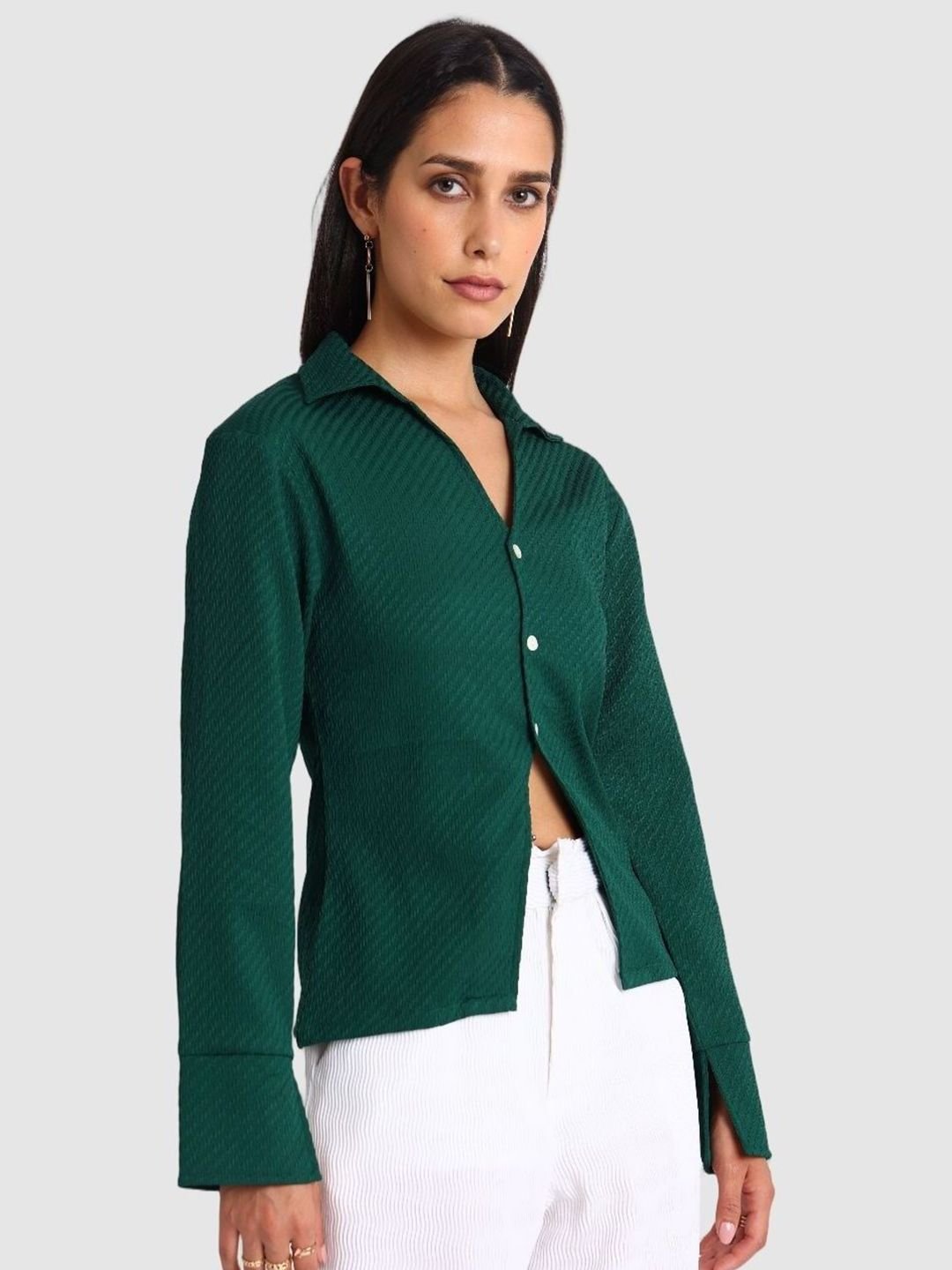 Green Solid Long Sleeves Regular Shirt