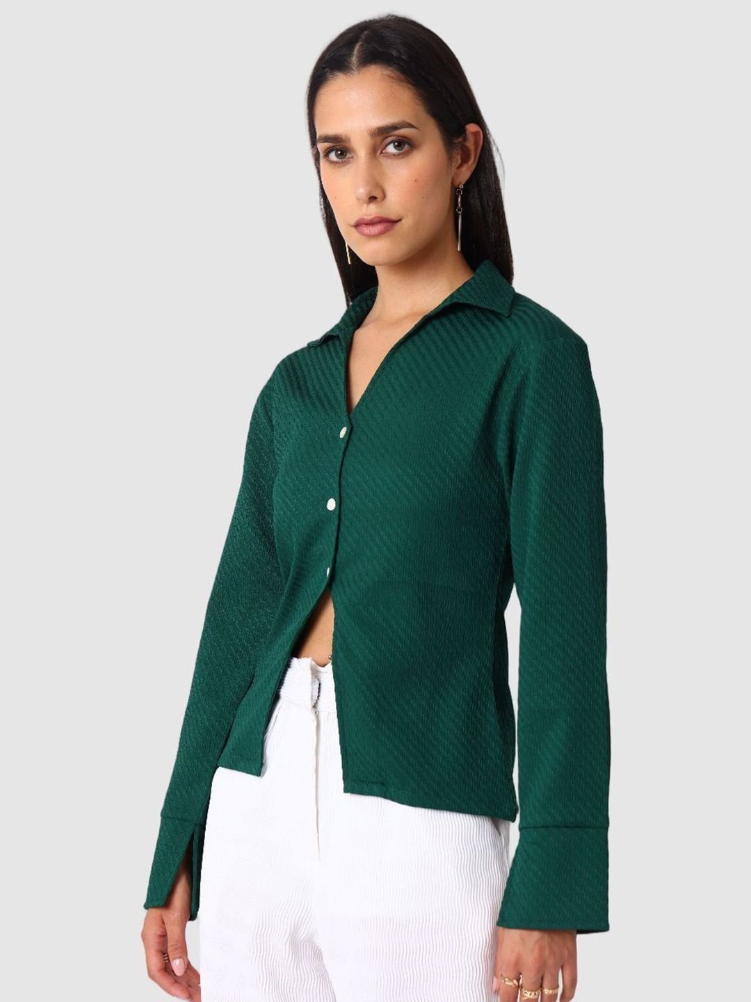 Green Solid Long Sleeves Regular Shirt