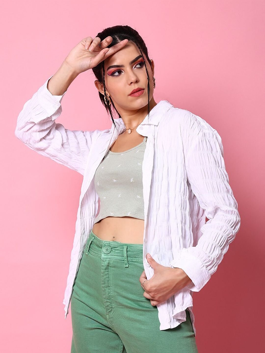 White Solid Long Sleeves Oversized Shirt