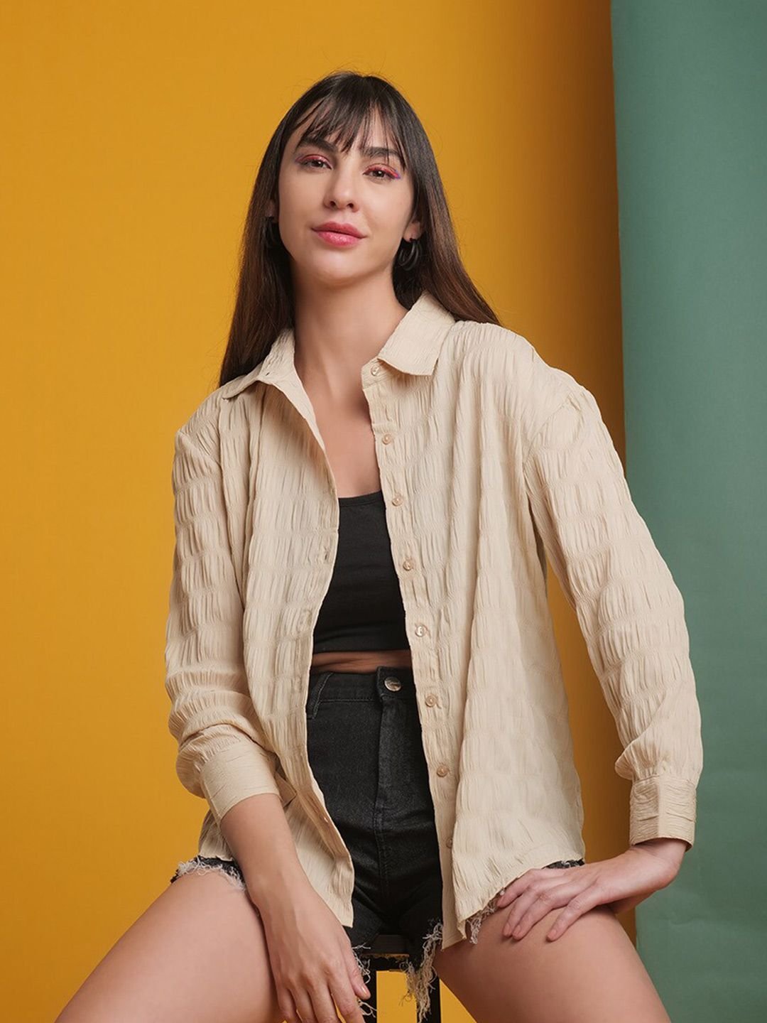 Beige Solid Long Sleeves Regular Shirt