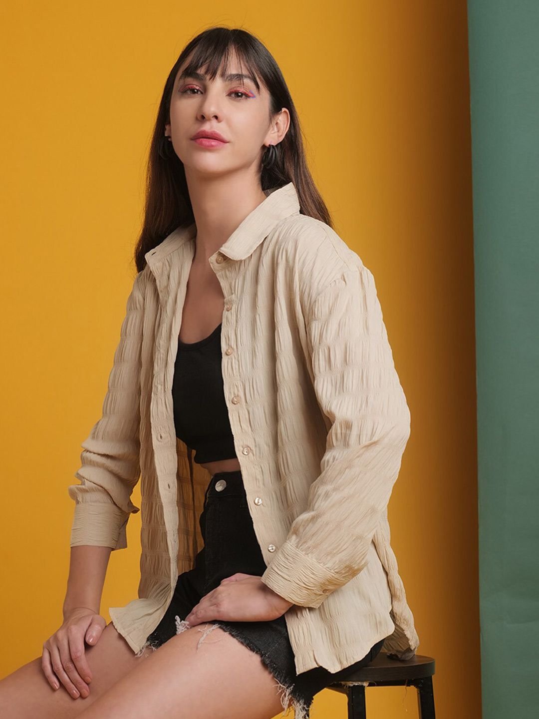 Beige Solid Long Sleeves Regular Shirt