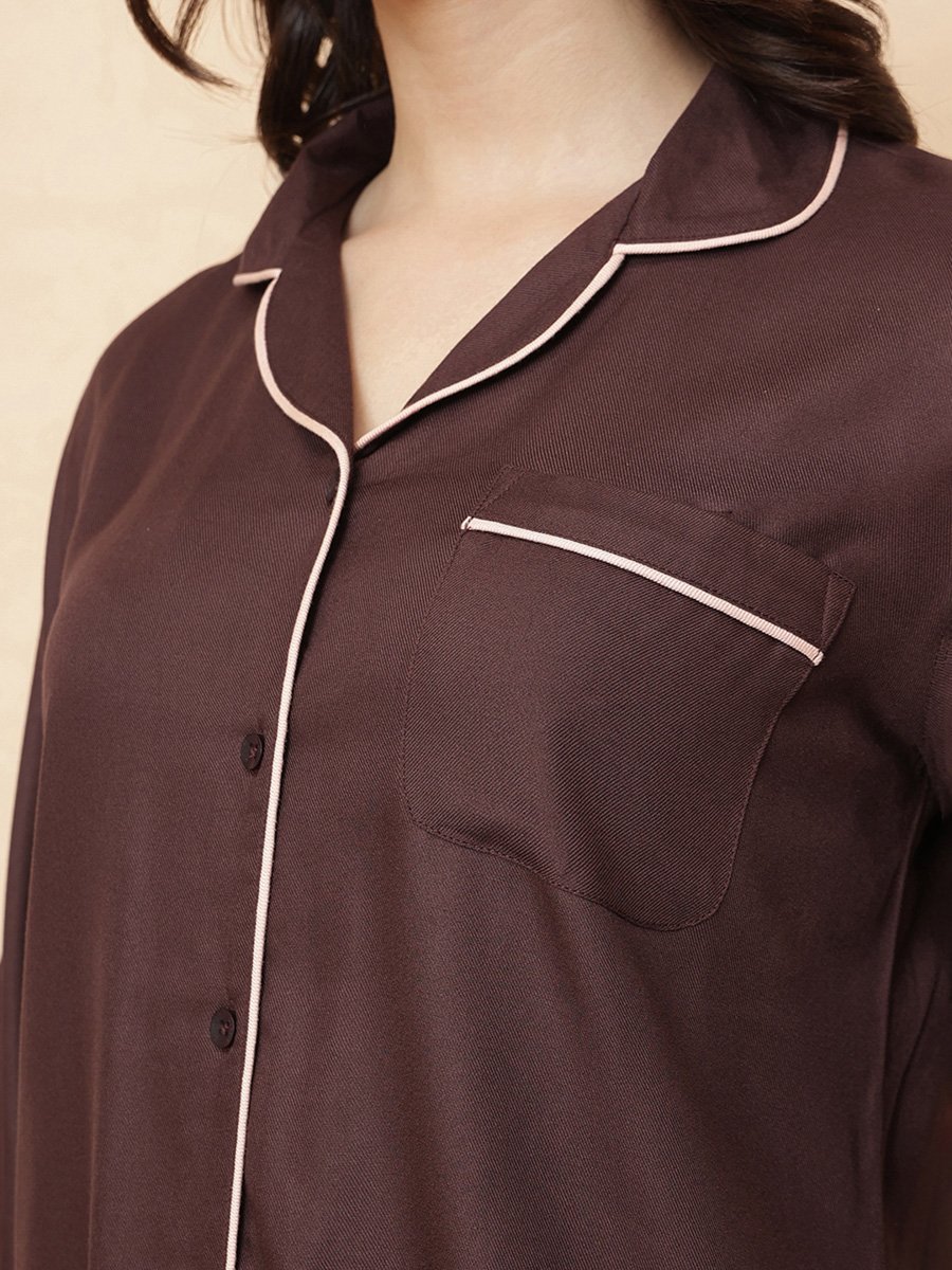Brown Solid Knitted Pyjama Set With 3/4 Sleeves