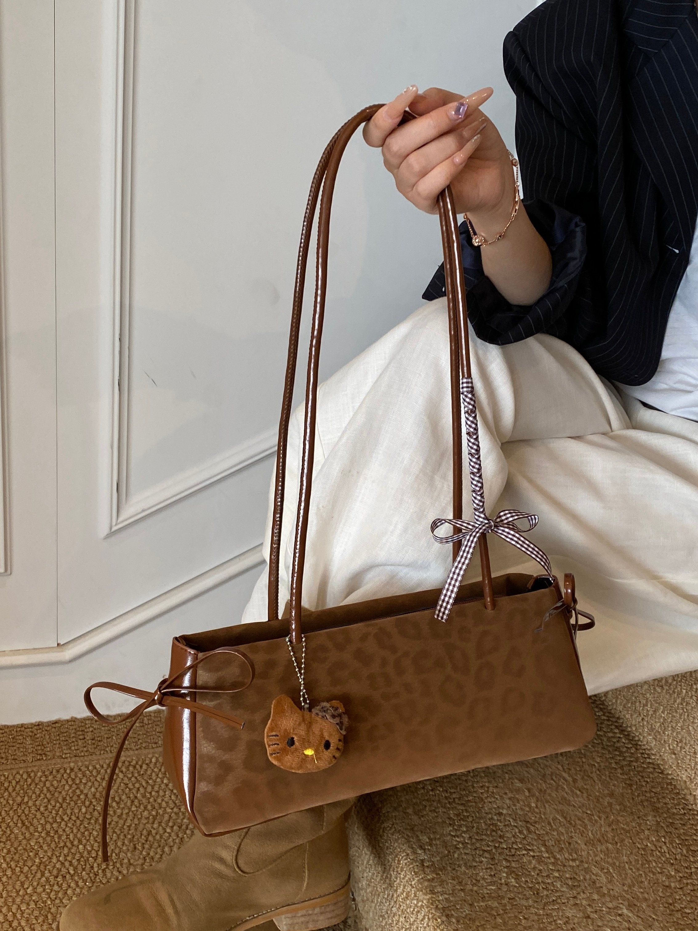 Brown Leopard Print Shoulder Bag with Charm