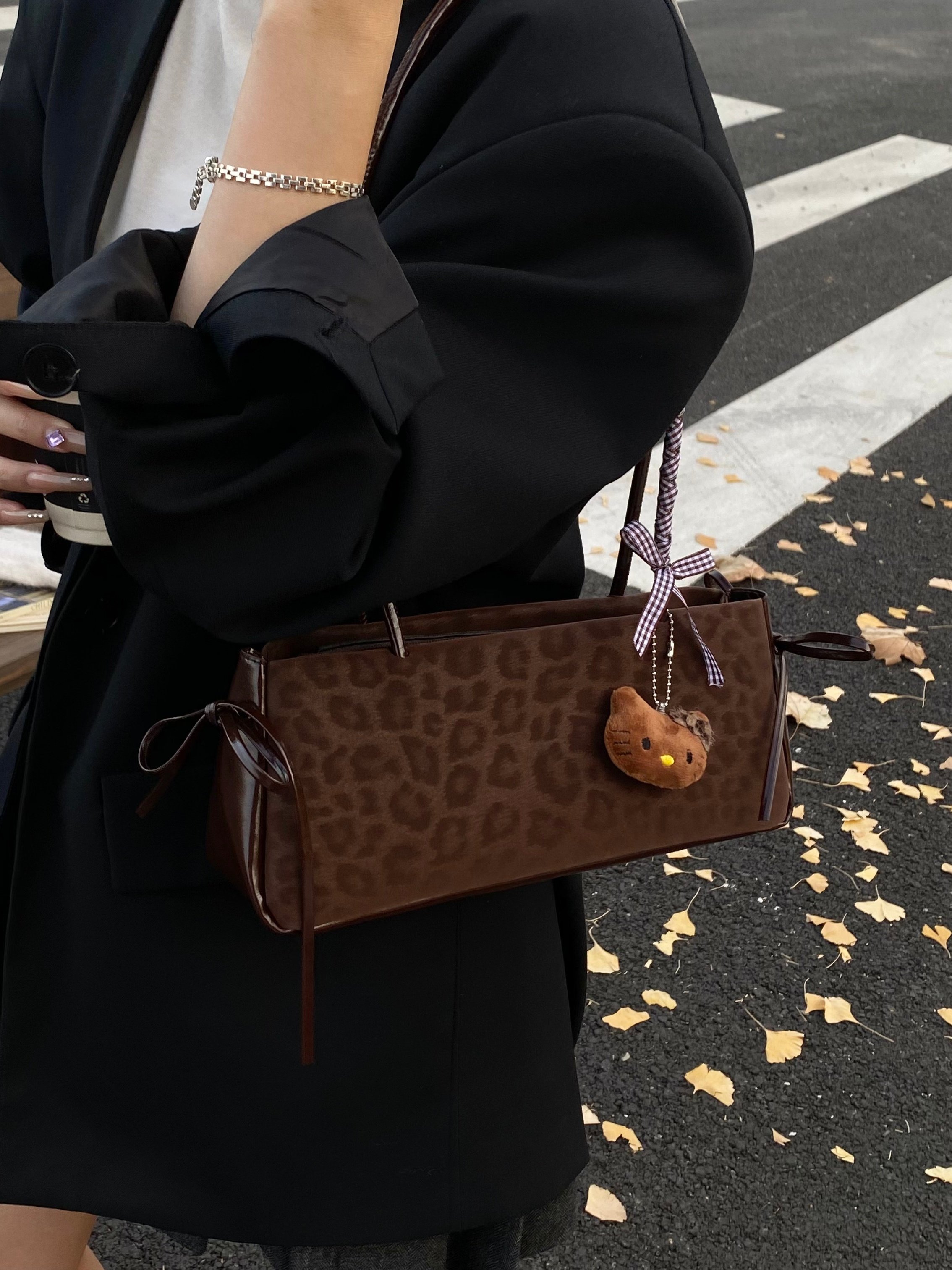 Coffee Brown Leopard Print Shoulder Bag