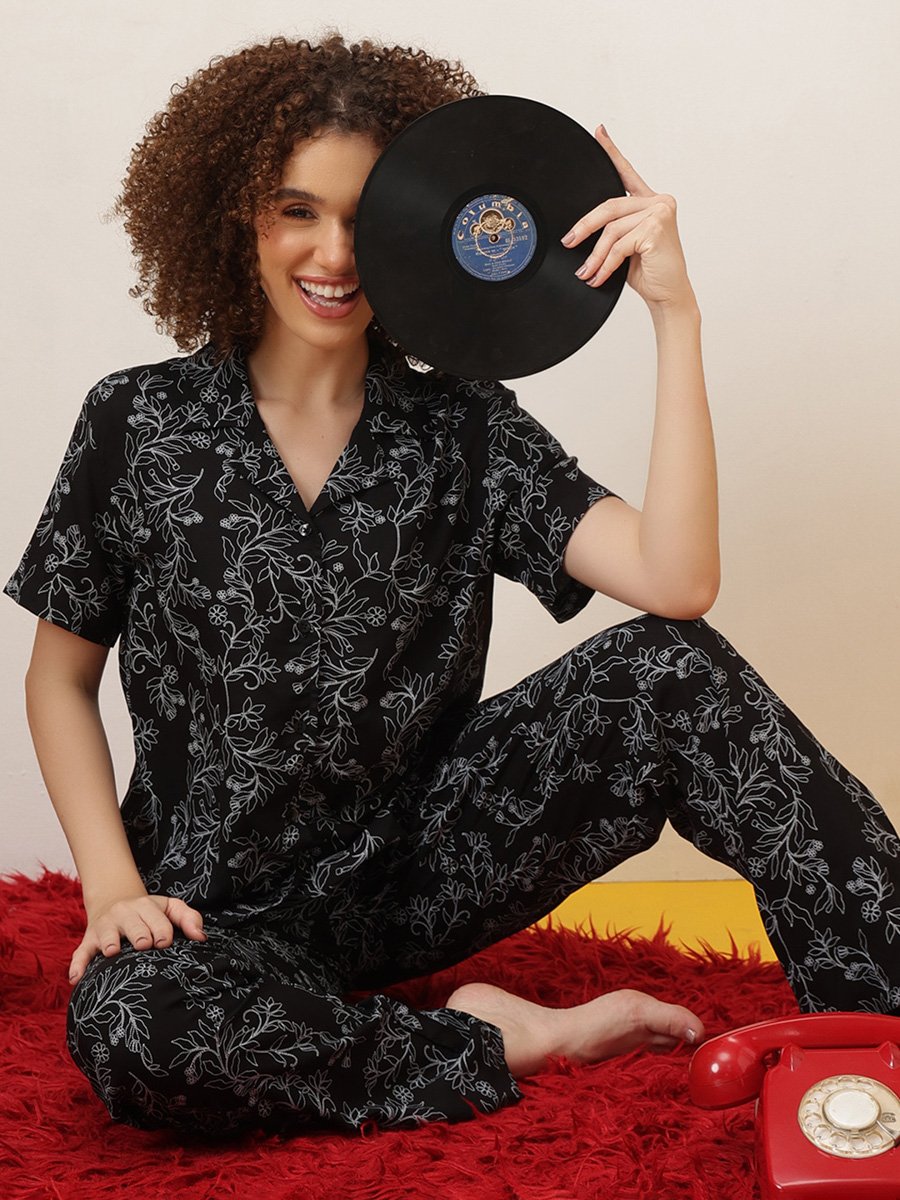 Black Floral Printed Knitted Pyjama Set